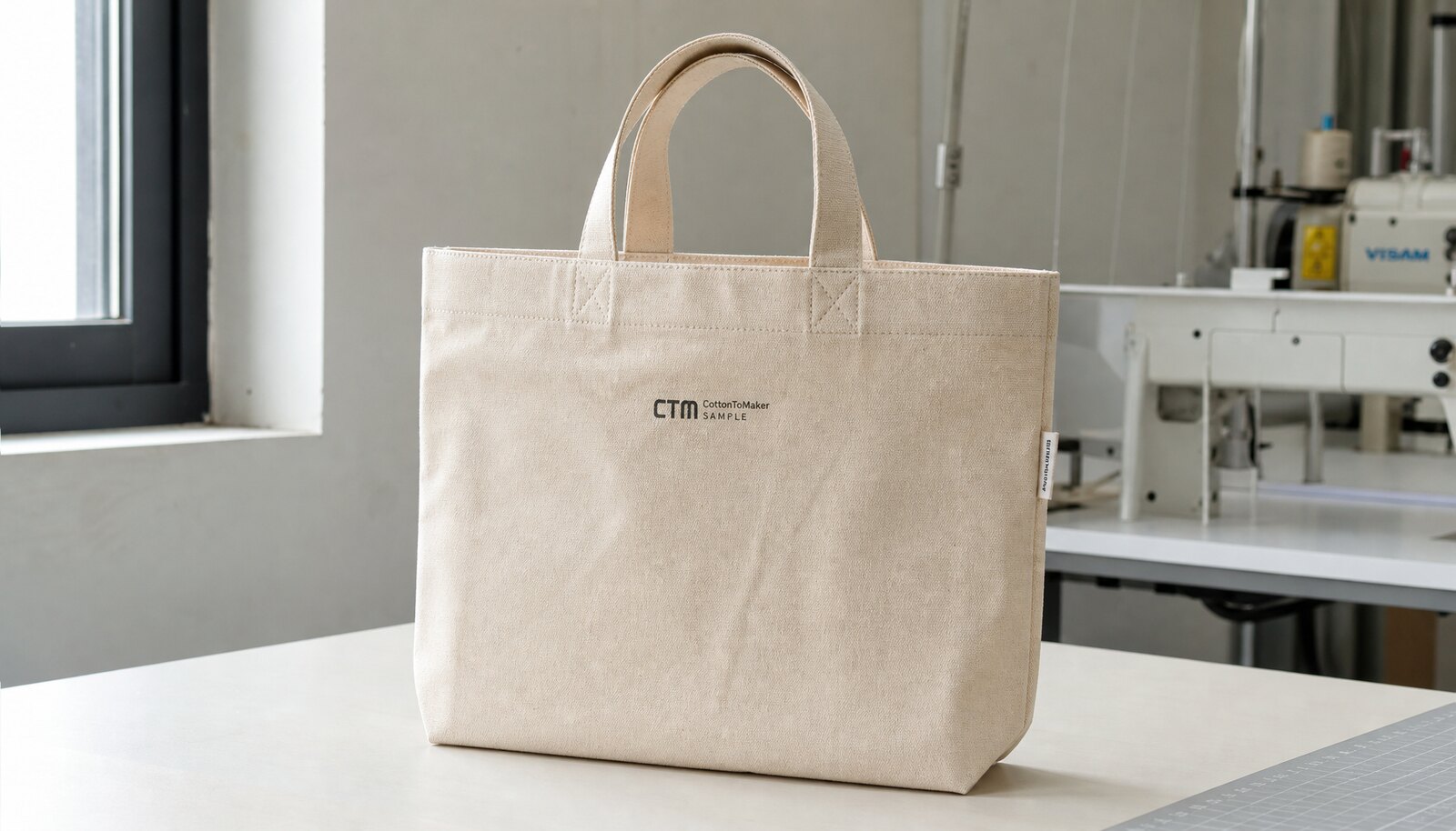 Canvas book fair tote sample with CTM logo in a clean factory studio