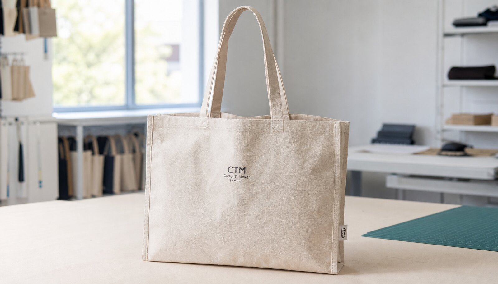Cream canvas book fair tote with a small CTM sample logo shown in a clean factory sample room