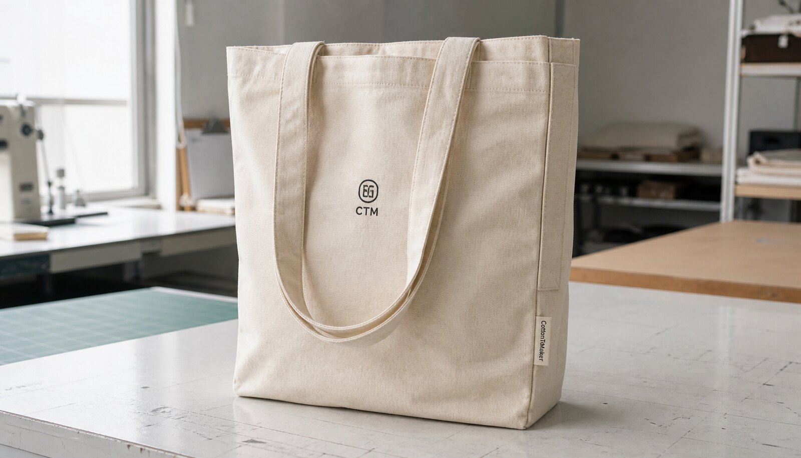 Natural canvas book fair tote with a simple CTM logo printed and a woven side label in a factory sample room