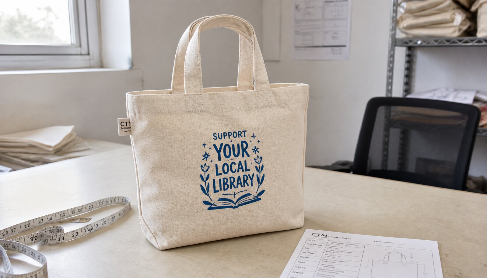 Natural canvas book fair tote with a small CTM/CottonToMaker sample logo in a factory sample room