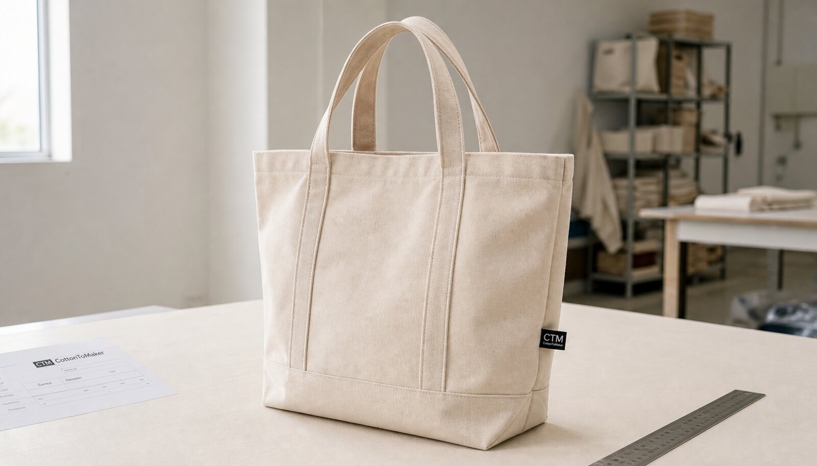 Natural canvas tote for winery use with a small CTM woven side label in a clean sample room