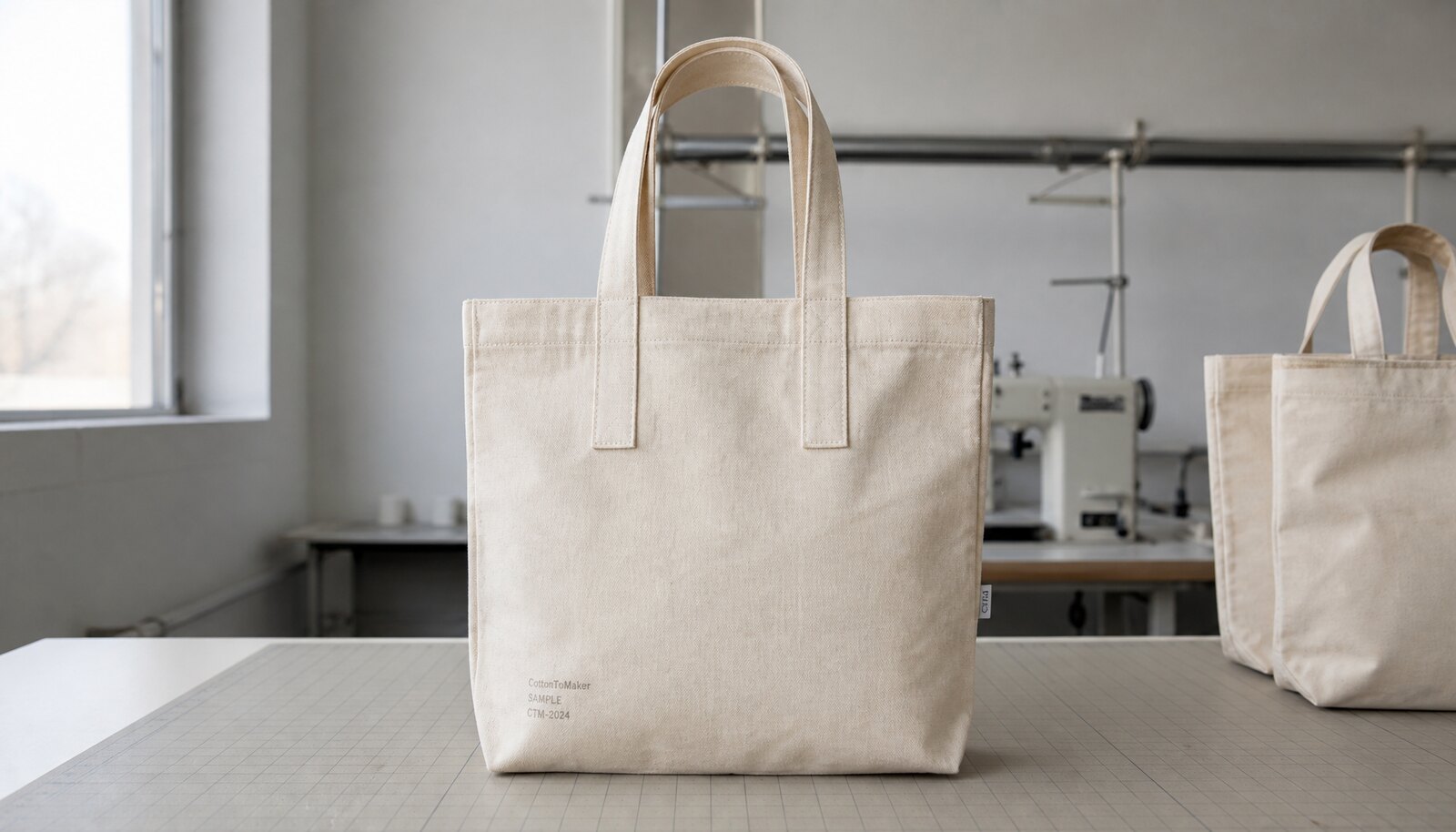 Natural canvas tote bag with a CTM CottonToMaker sample logo in a clean factory sample room.
