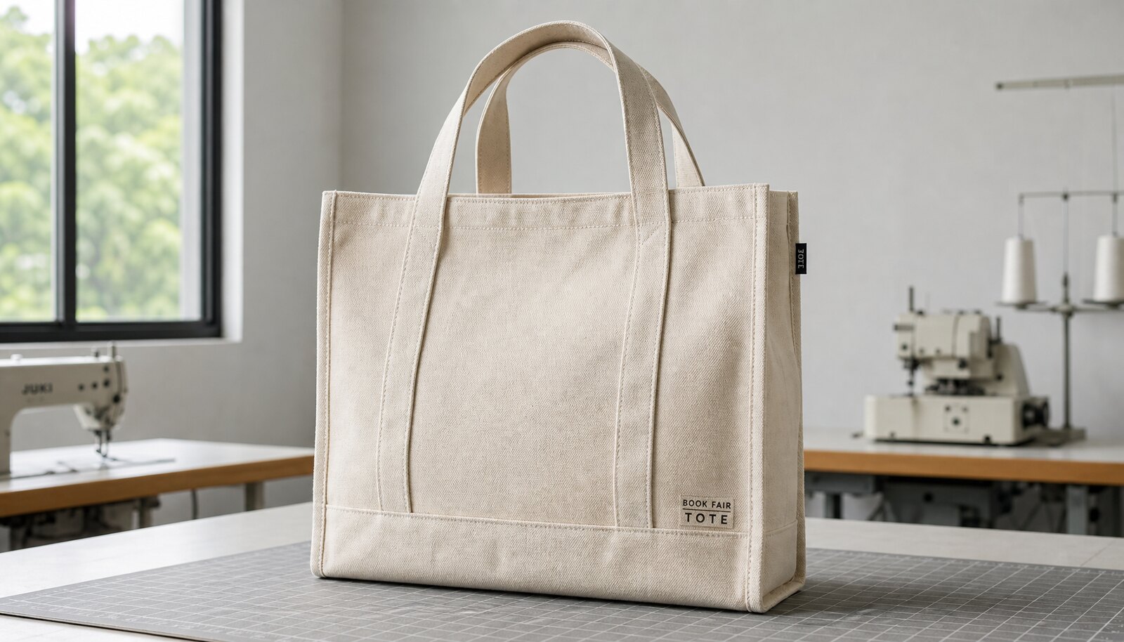Natural canvas book fair tote with a simple CTM sample logo shown in a clean factory sample room