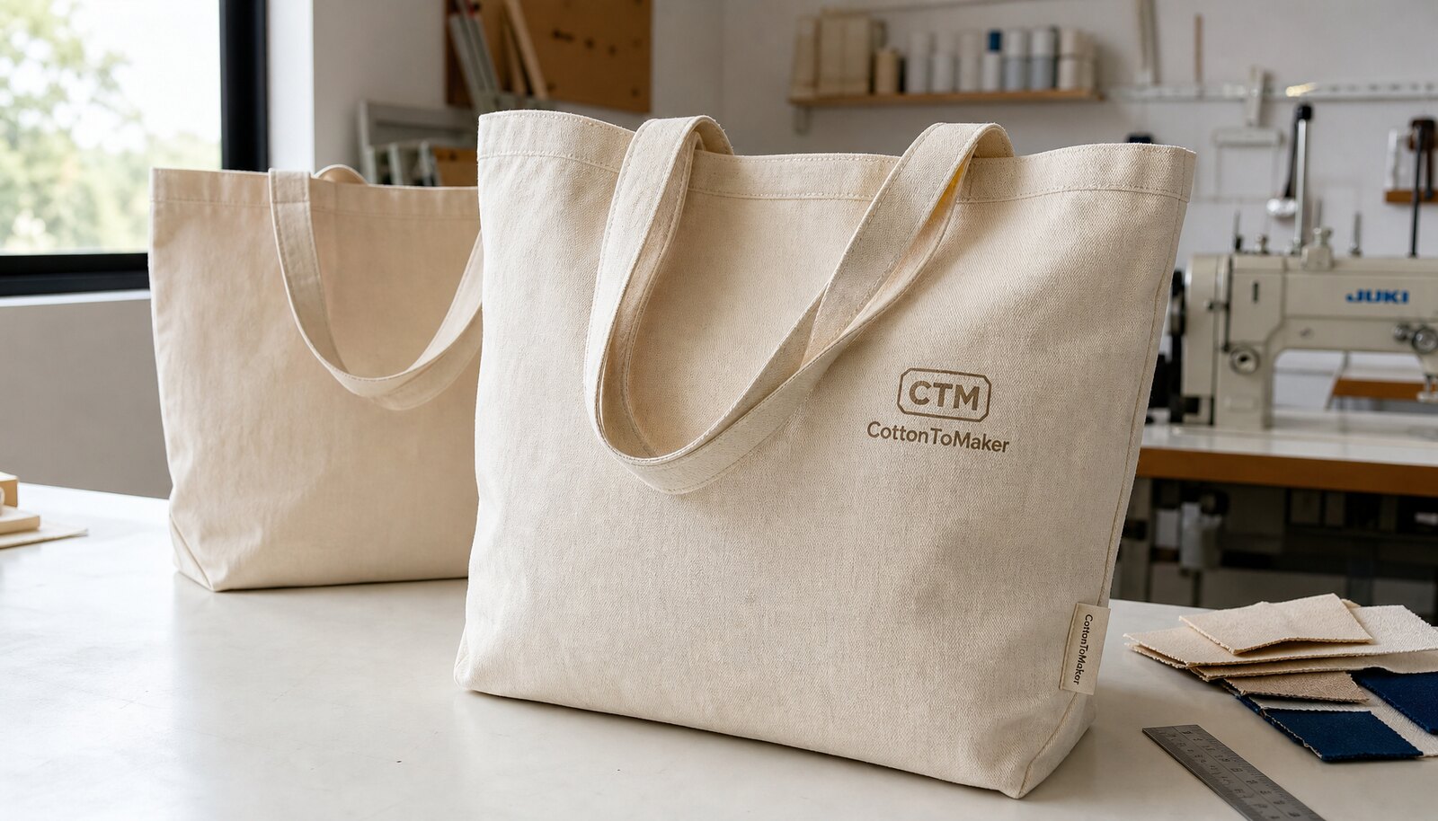 Photorealistic canvas book fair totes with a small CTM/CottonToMaker logo in a factory sample room