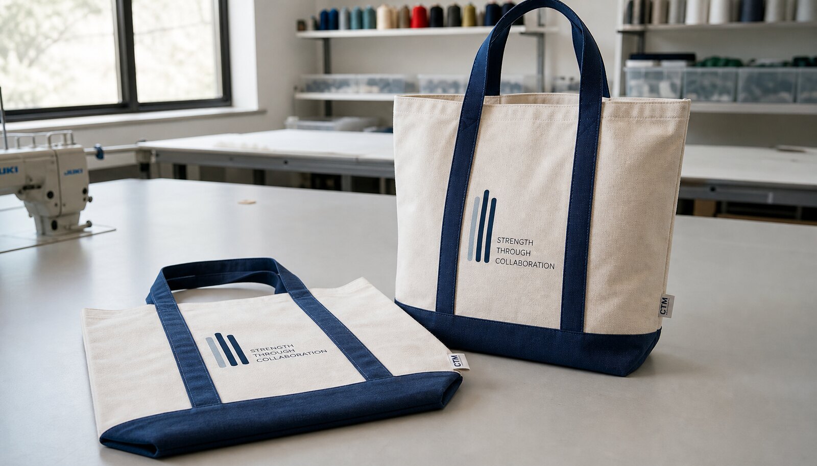 Photorealistic canvas conference bag with a simple CottonToMaker sample logo shown in a factory sample room
