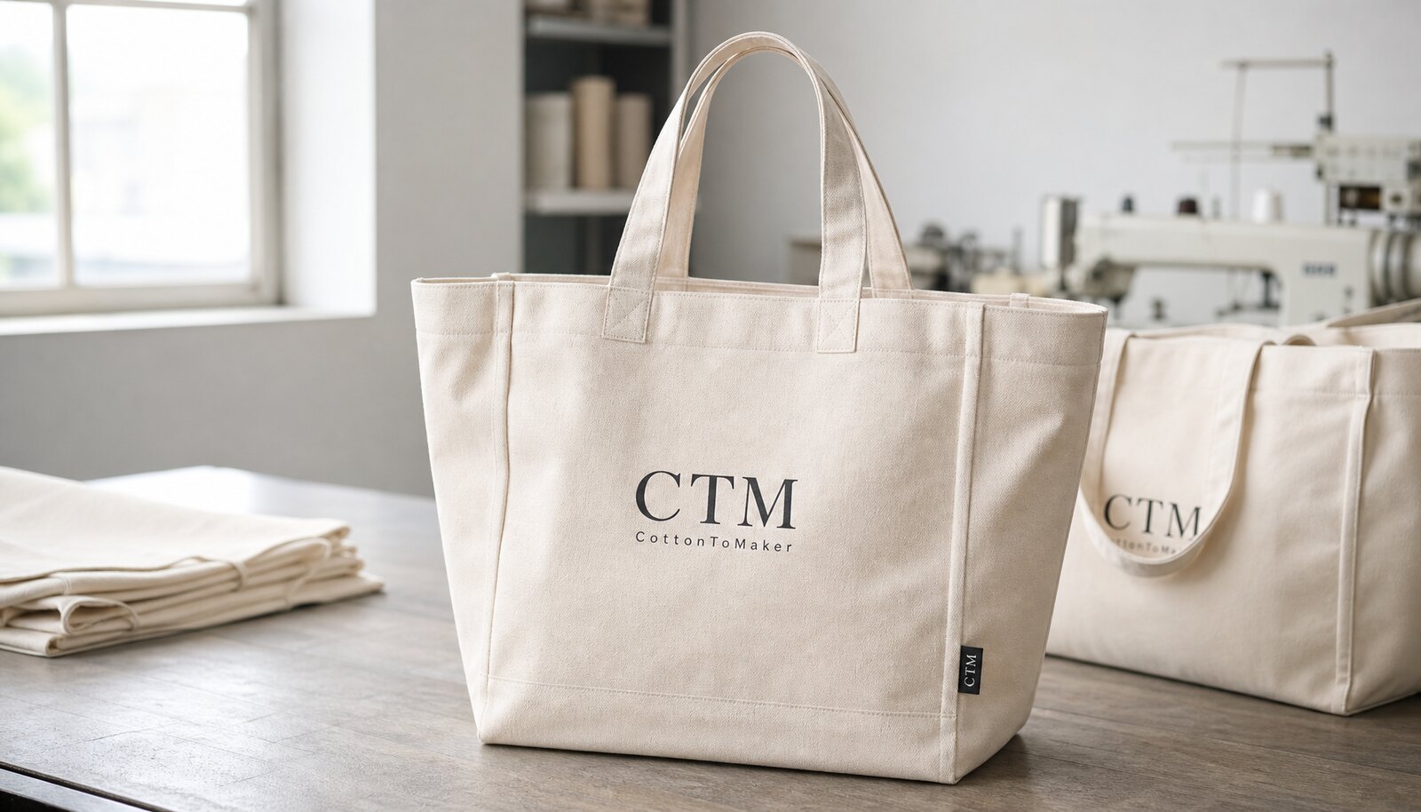 Photorealistic canvas conference bag with a small CTM/CottonToMaker logo in a clean sample room.
