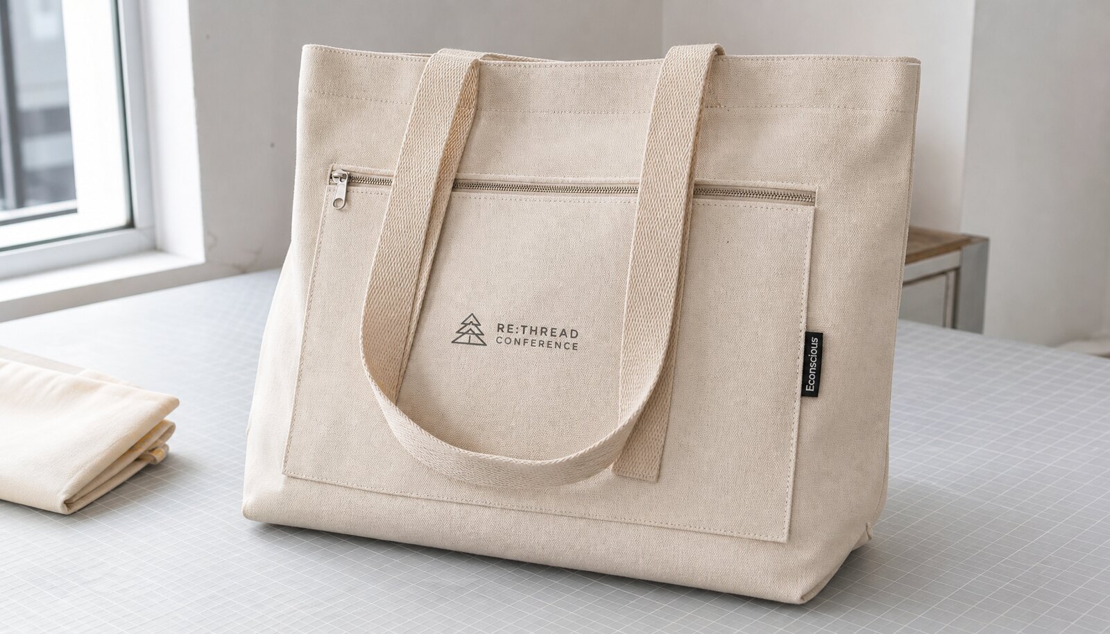 Photorealistic canvas conference bag with CTM sample logo in a factory sample room