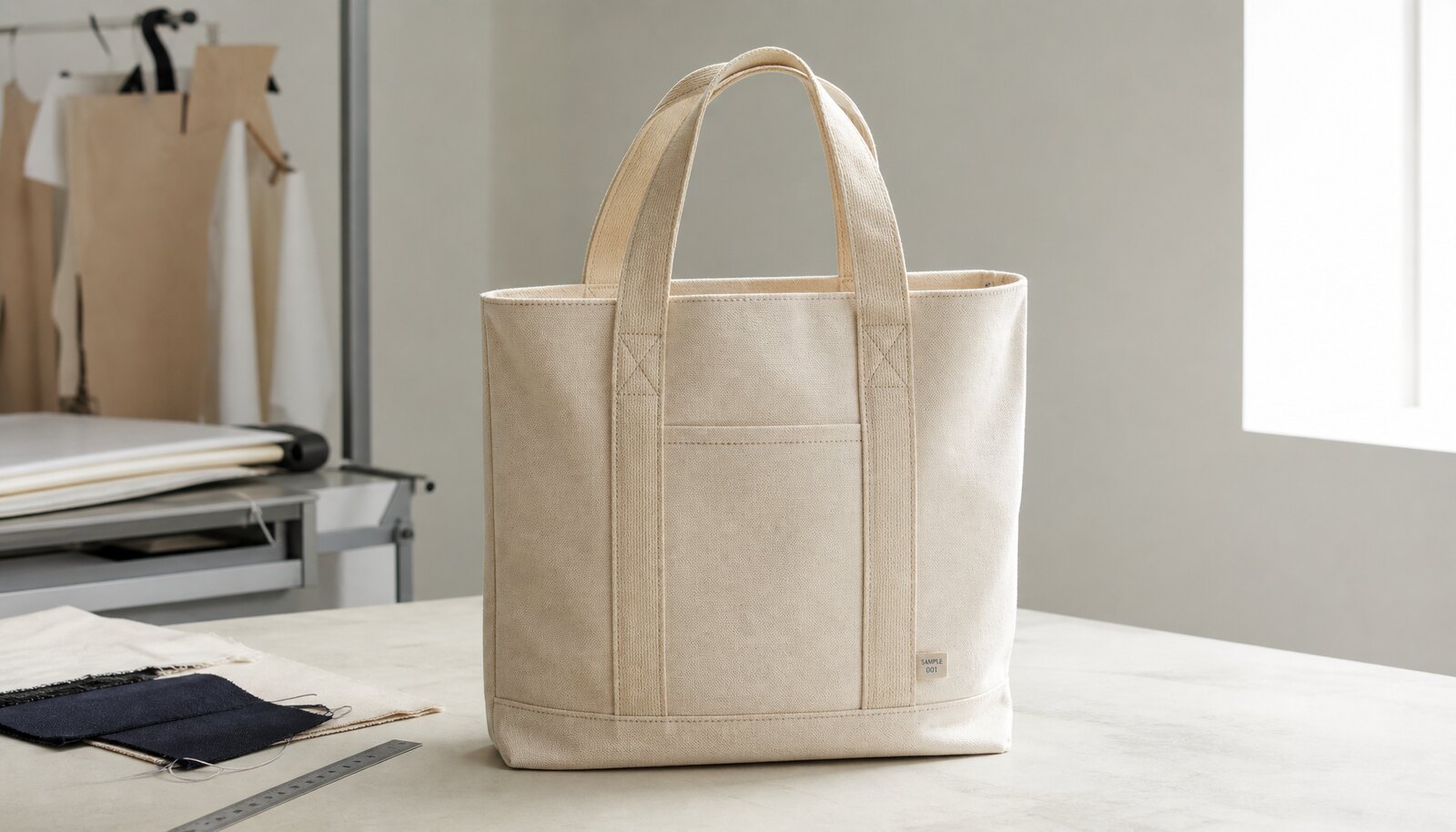 Natural canvas conference tote bag with a CTM / CottonToMaker sample logo in a clean factory sample room