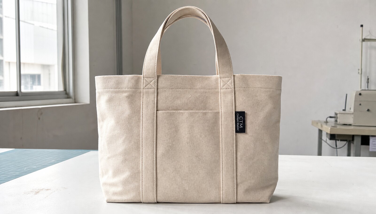 Photorealistic canvas conference bag sample with a small CTM logo in a clean factory sample room