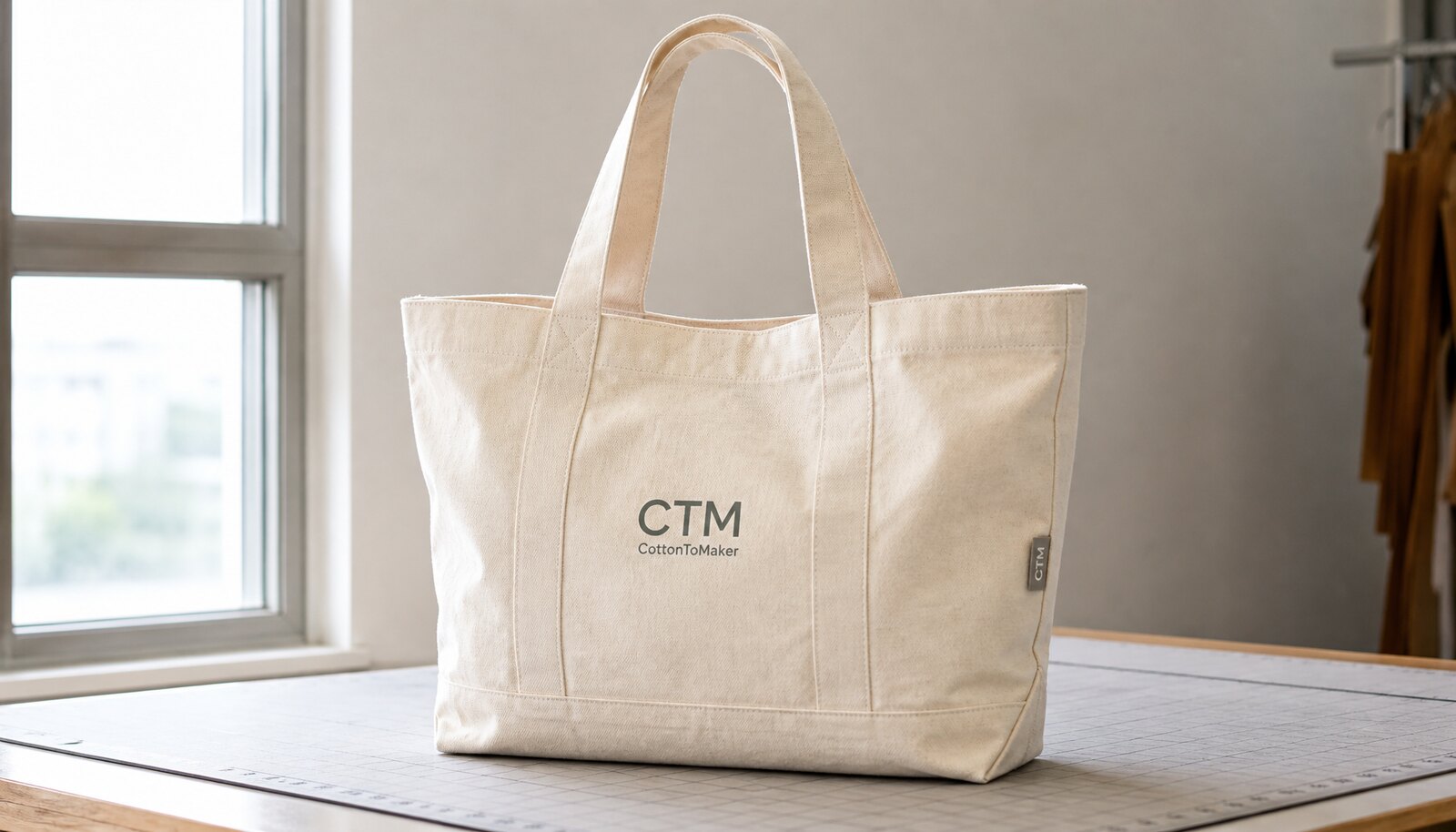 Natural canvas conference bag with a simple CTM CottonToMaker logo printed on the front in a factory sample room