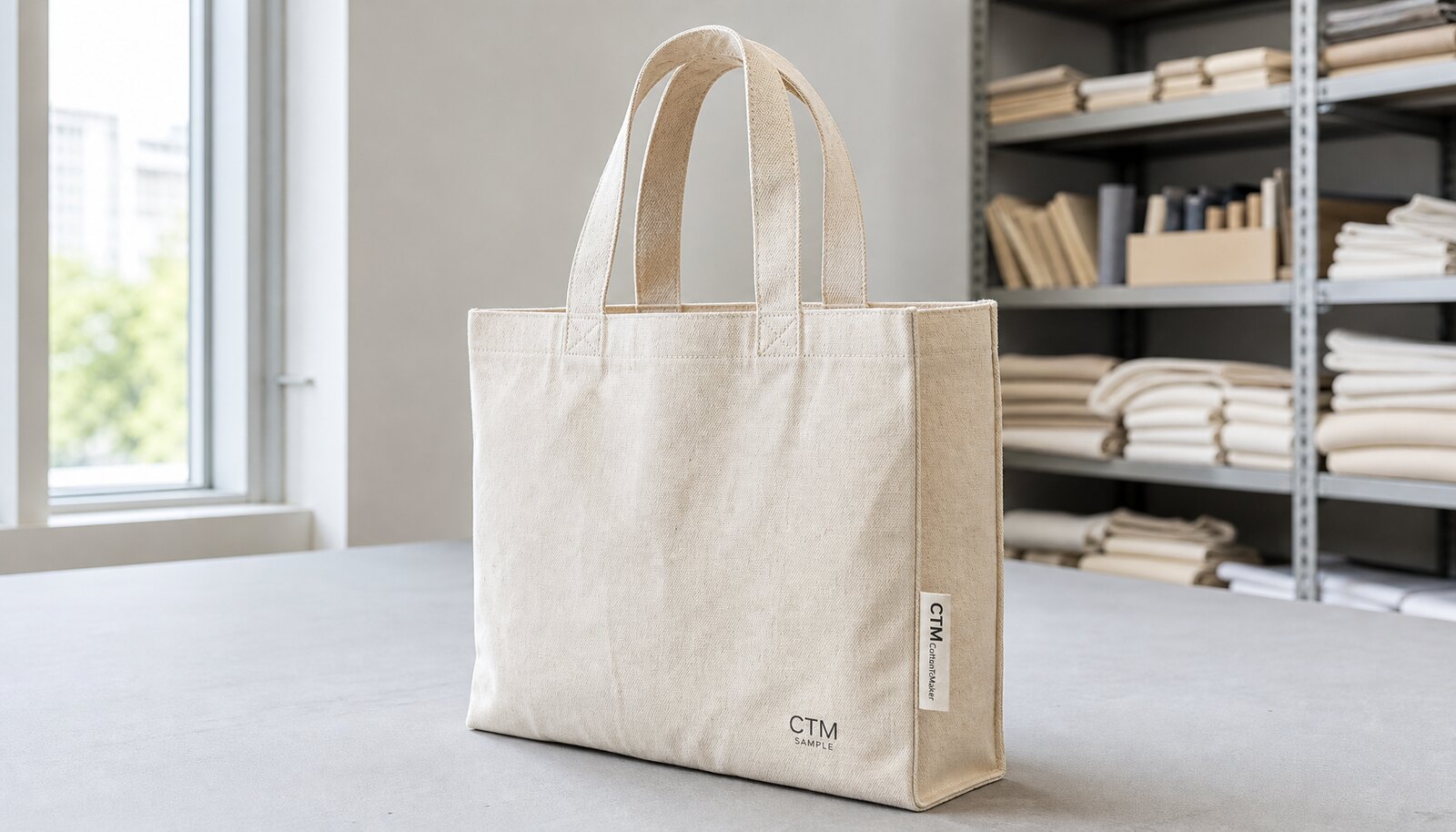 Natural canvas conference tote bag with a sewn CTM sample label in a factory sample room