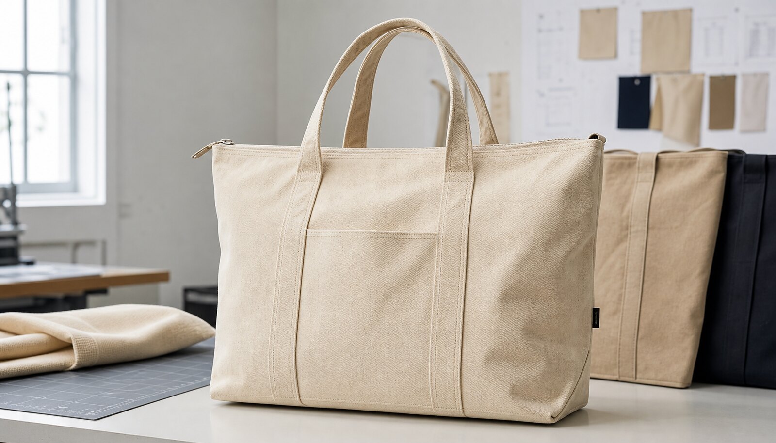Natural canvas conference bag with a small CTM/CottonToMaker logo shown in a clean factory sample room