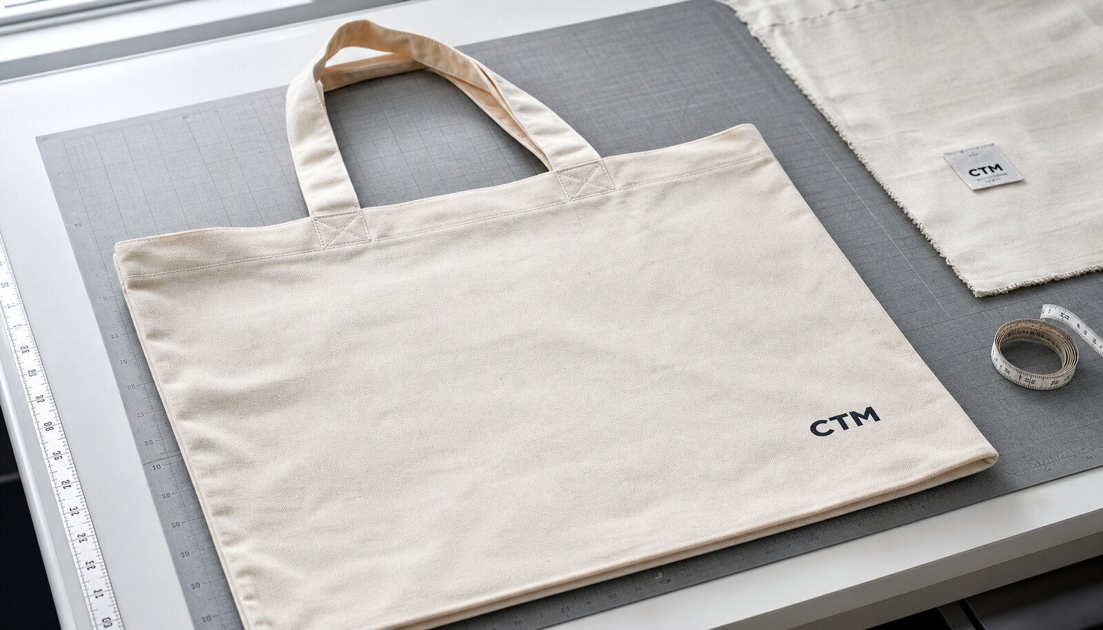 Canvas conference bag for boutiques with a small CTM logo printed directly on the bag in a clean sample room.