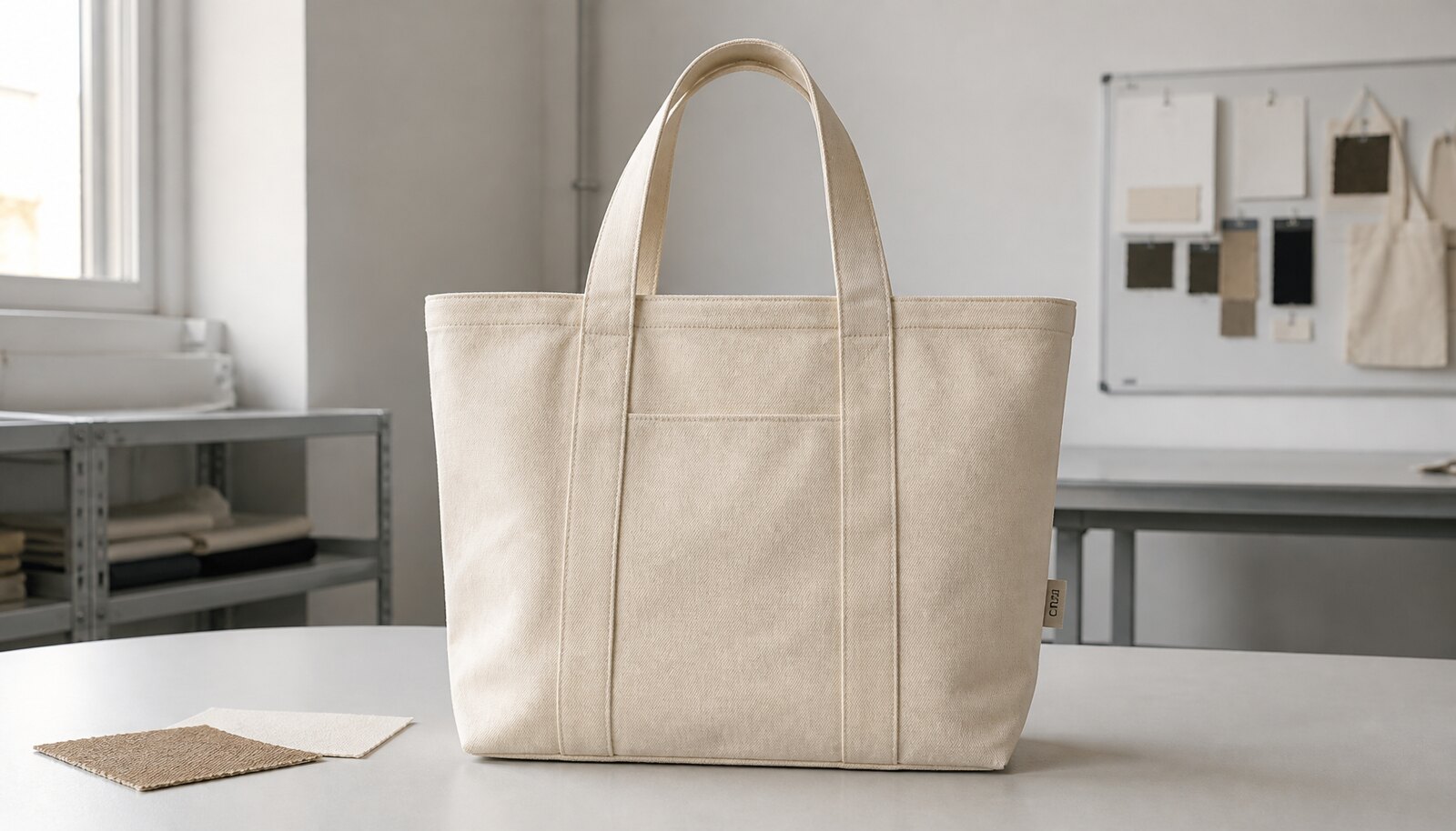 Natural canvas conference bag with a simple CTM CottonToMaker side label in a clean studio.