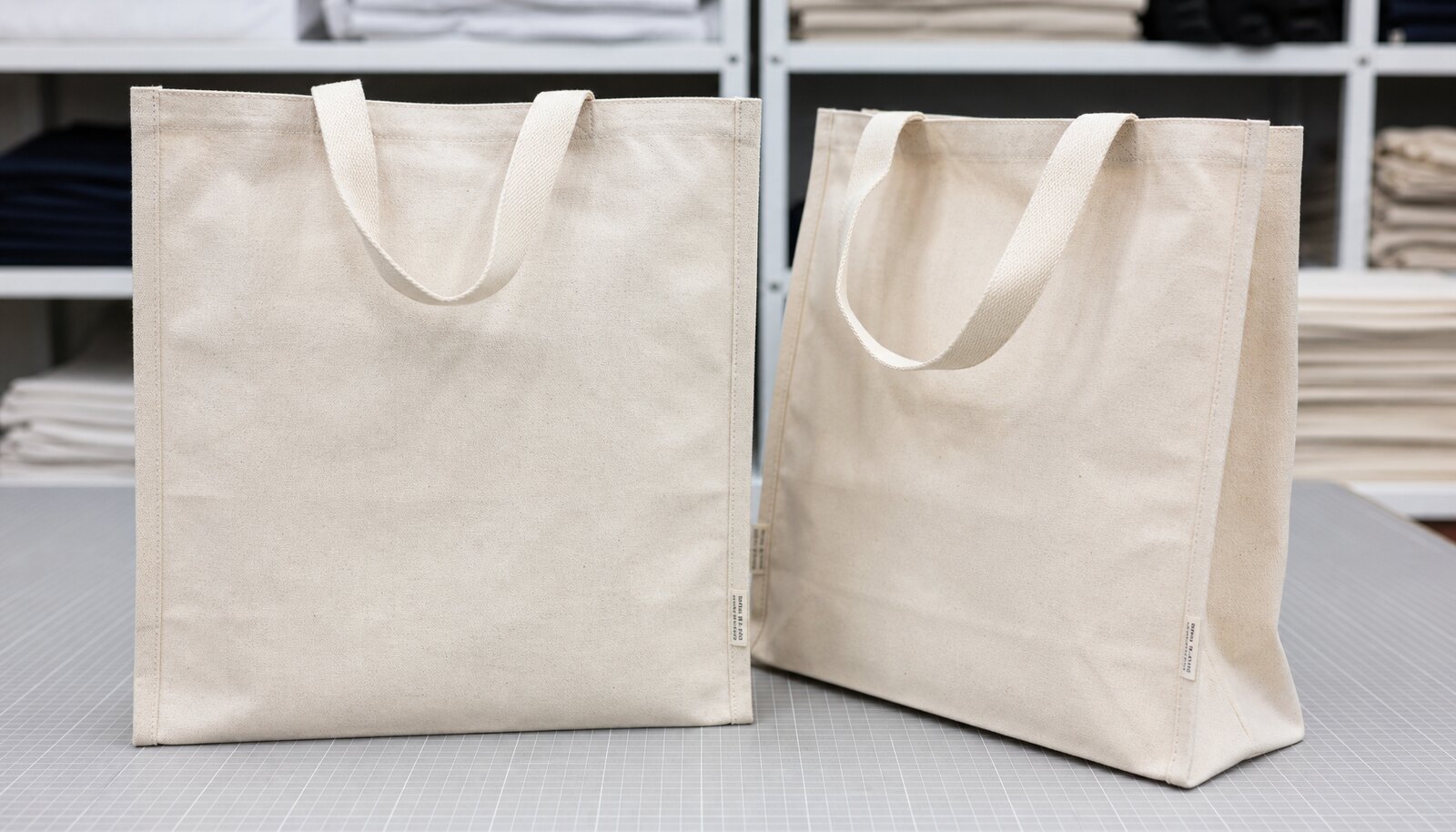 Photorealistic canvas conference bags with a small woven side label in a clean studio.