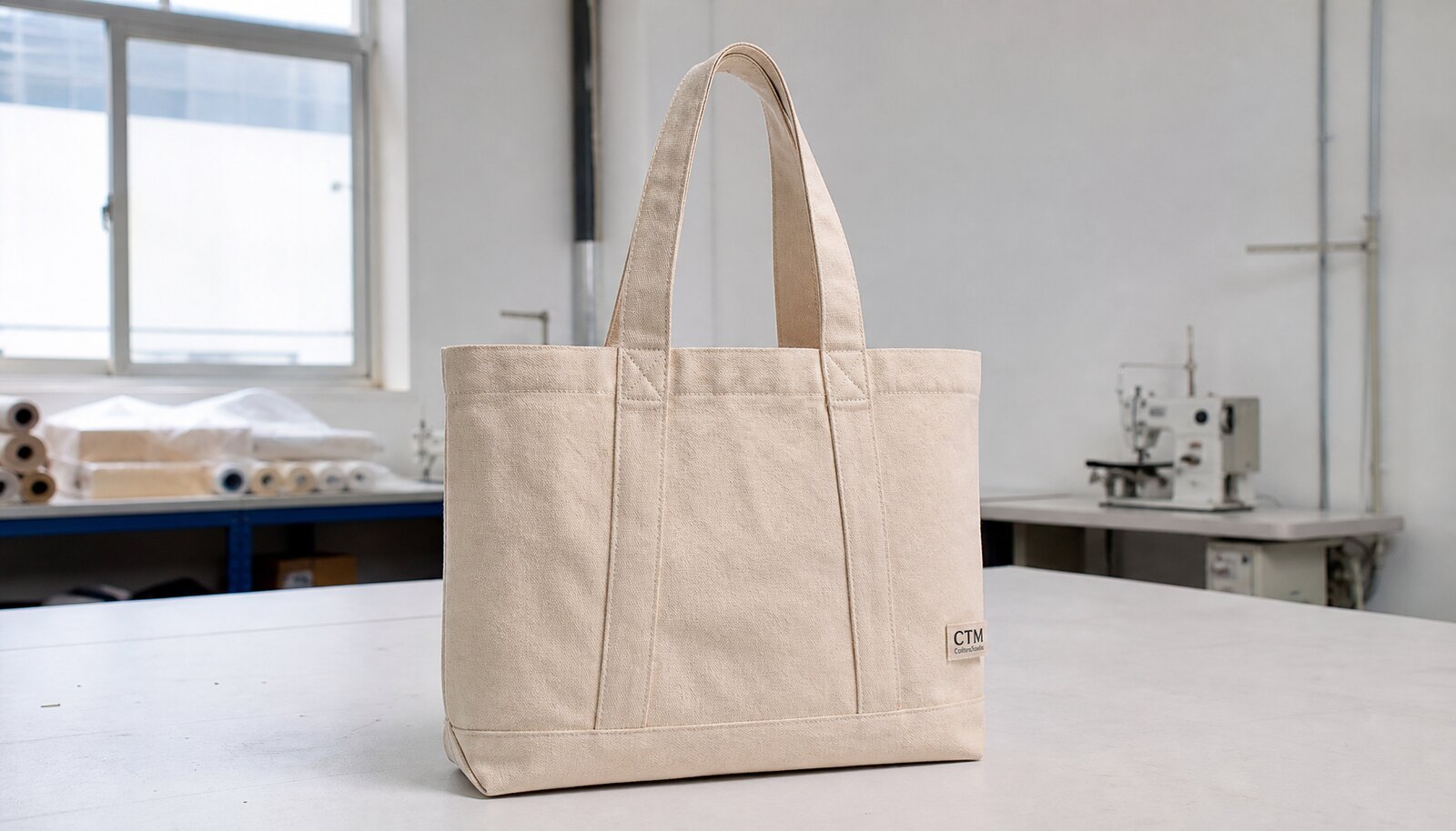 Beige canvas conference bag with reinforced seams in a clean factory sample room