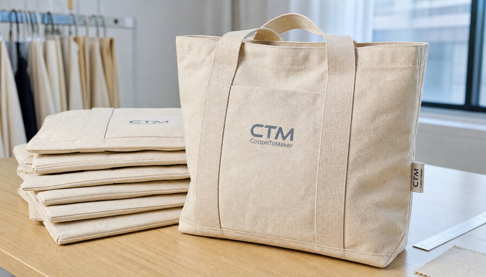 Natural canvas conference bag with a simple CTM logo in a clean factory sample room