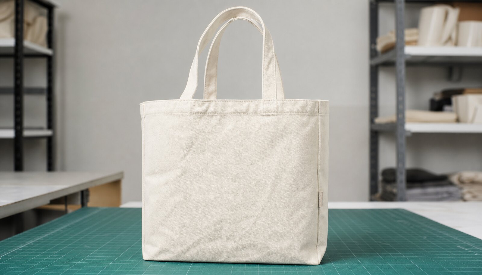 Natural canvas conference tote bag in a factory sample room with a small sewn CTM CottonToMaker side label.