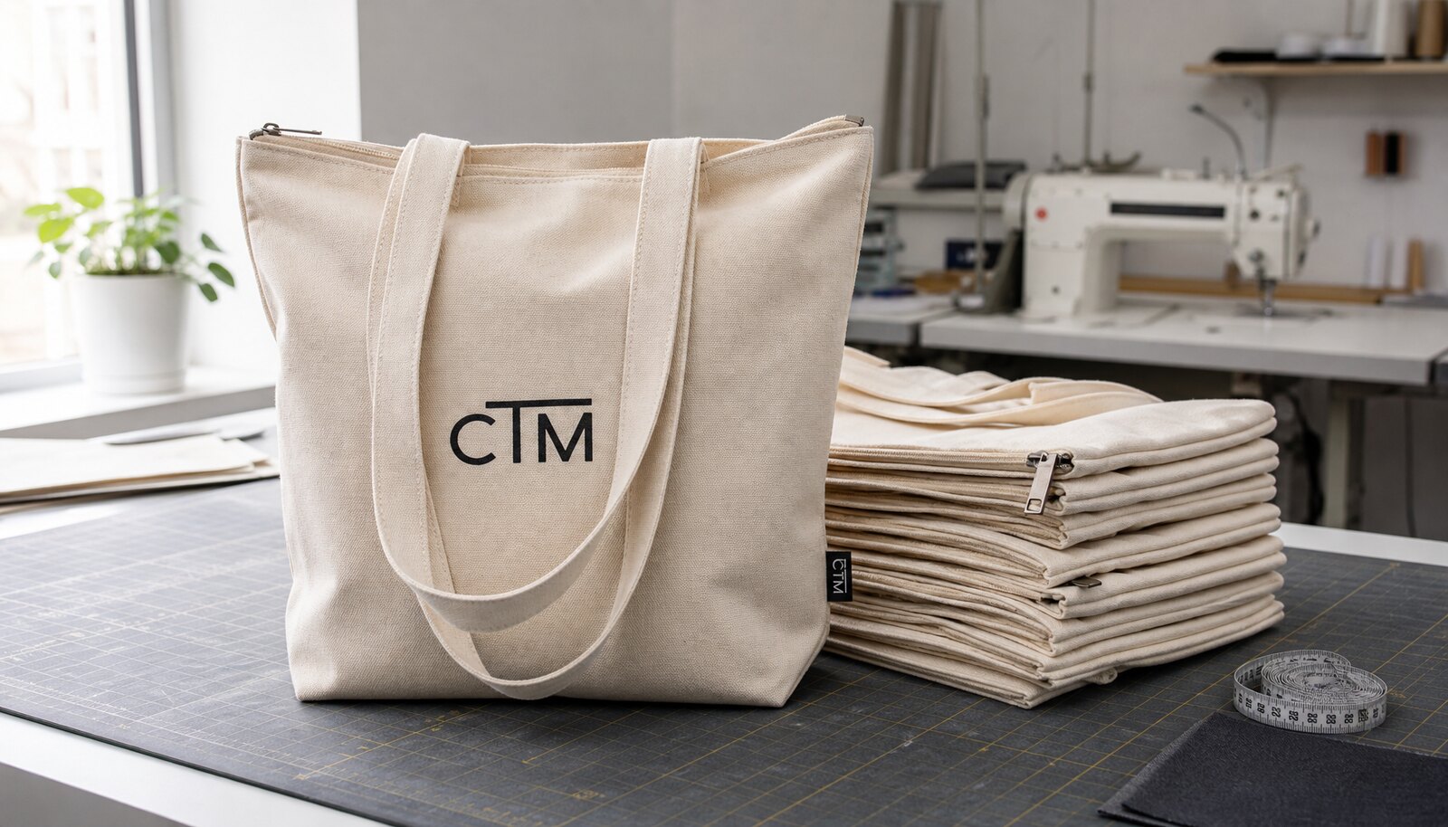 Photorealistic sample room photo of canvas conference bags with a CTM logo printed on the bag and a woven side label.