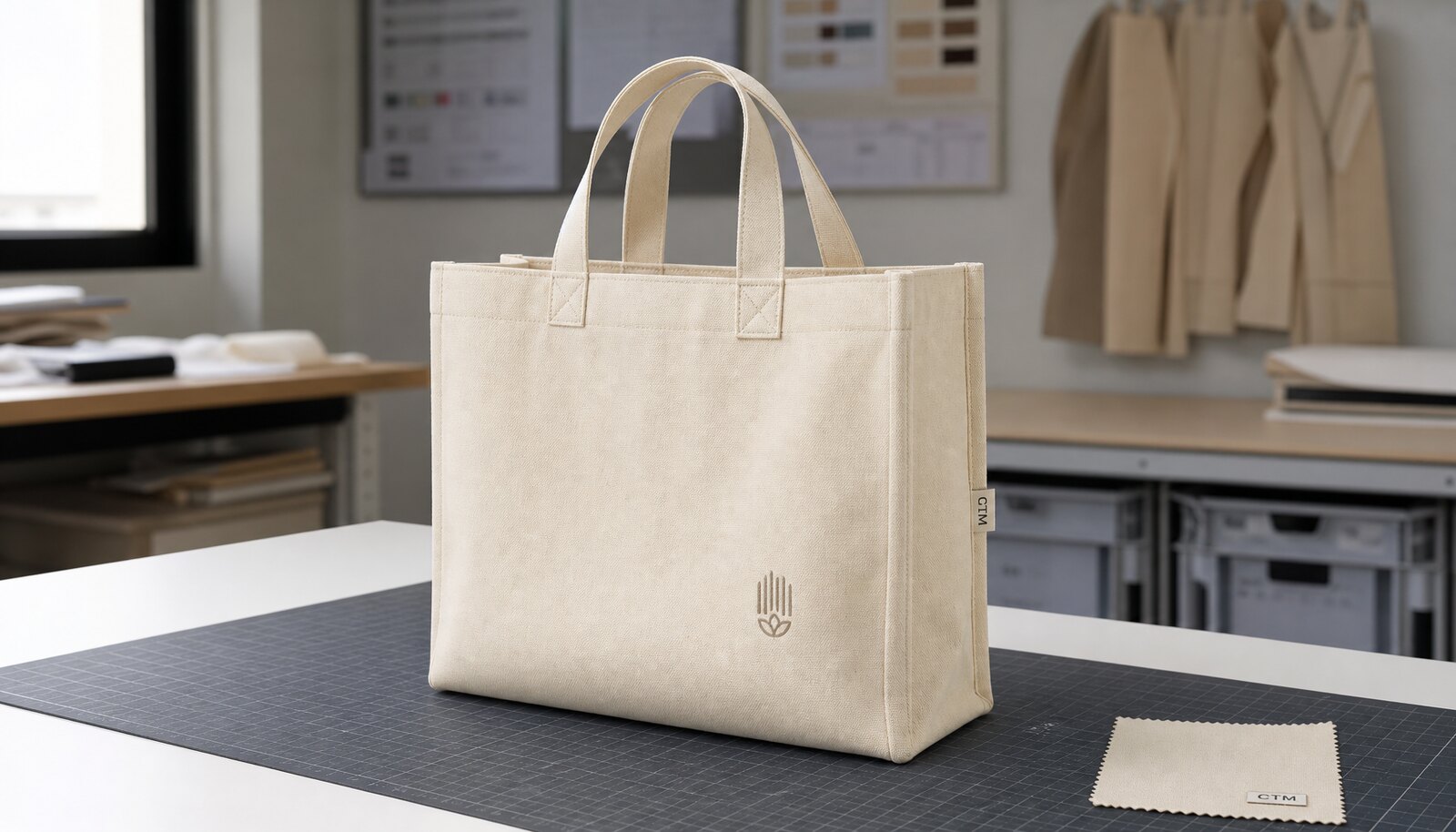 Natural canvas conference tote bag with CTM/CottonToMaker label in a factory sample room