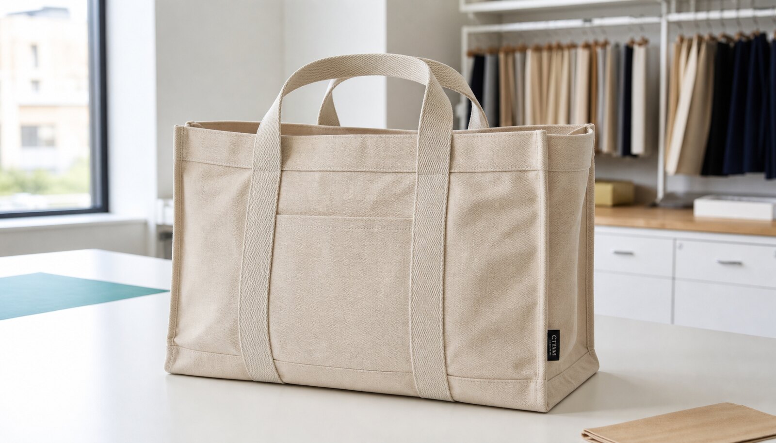 Natural canvas conference bag with CTM CottonToMaker side label in a factory sample room