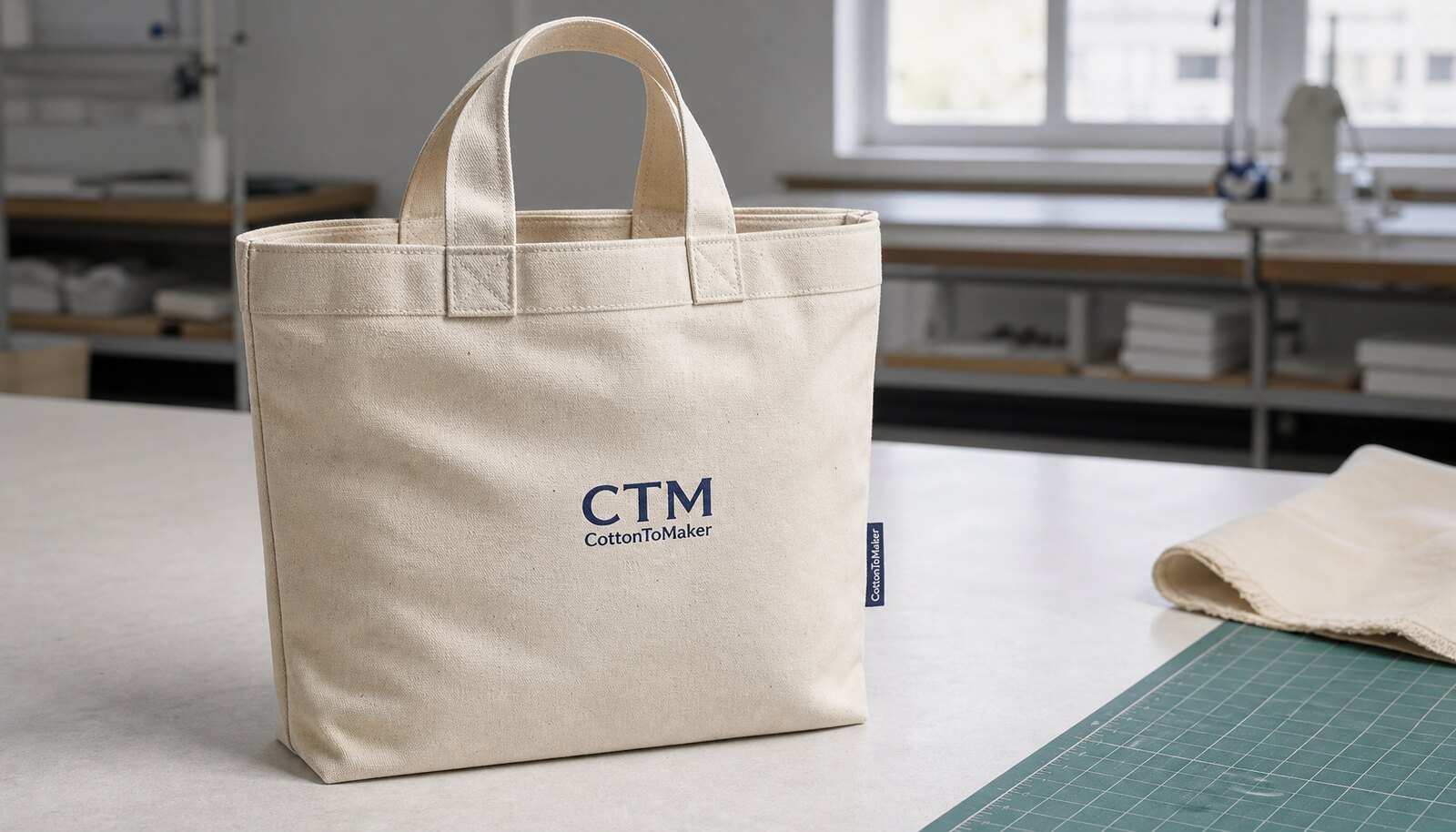Canvas conference tote with CTM CottonToMaker logo printed on the front panel in a factory sample room.
