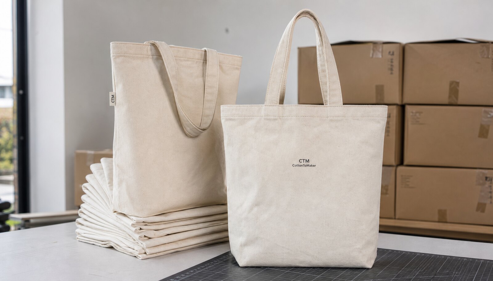 Natural canvas conference bags with a simple CTM/CottonToMaker logo in a factory sample room beside shipping cartons