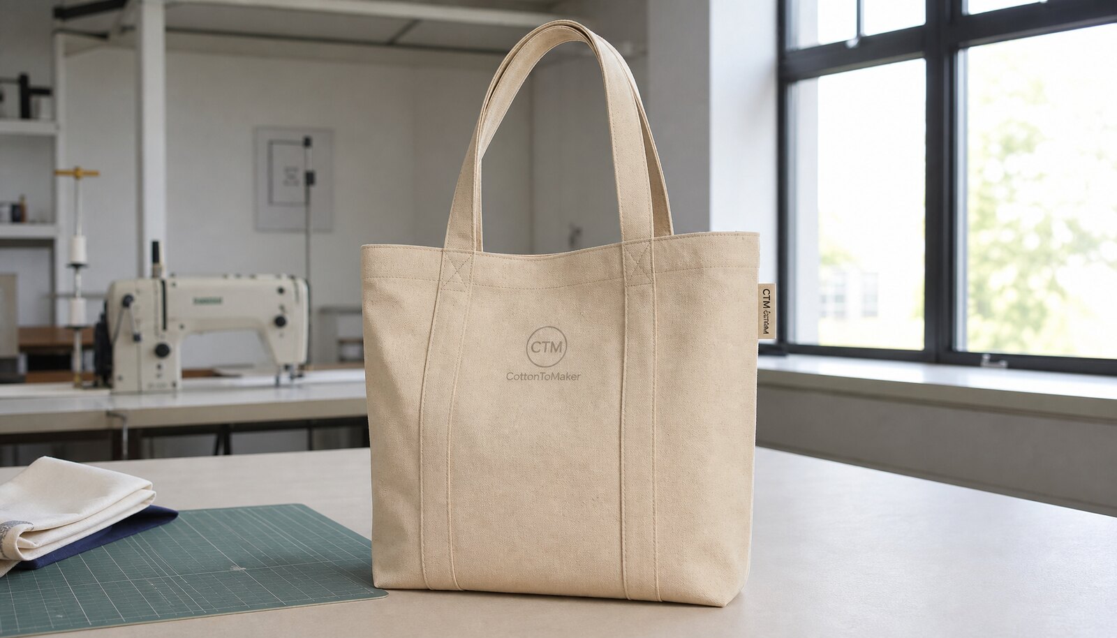 Photorealistic canvas conference tote with a simple CTM CottonToMaker side label in a factory sample room