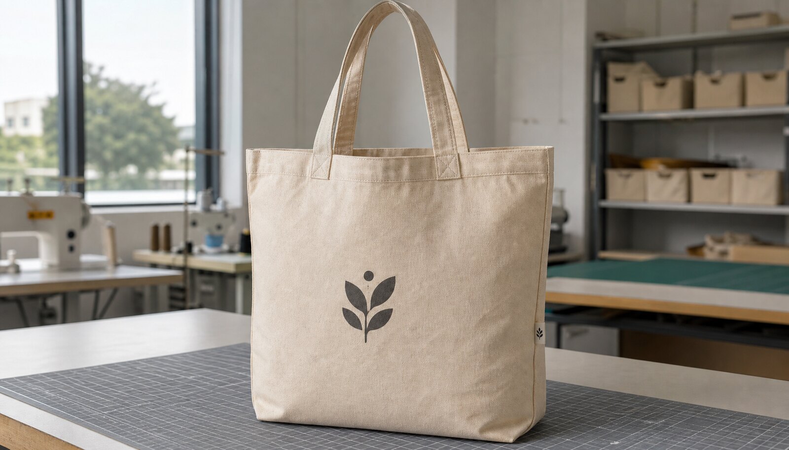 Photorealistic canvas conference bag sample with a small woven label in a factory sample room