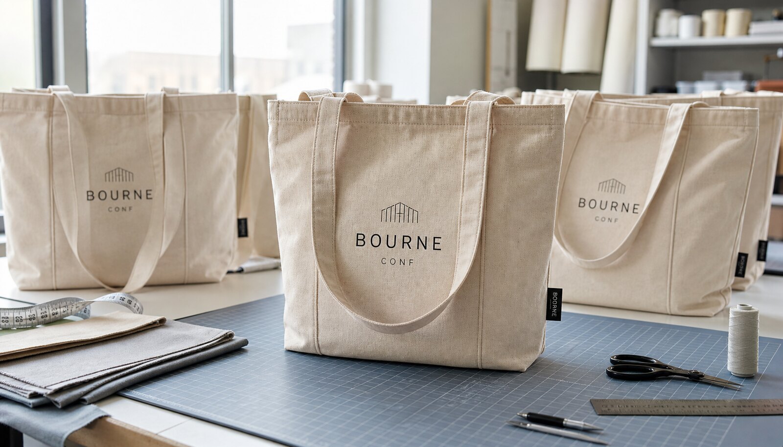 Natural canvas conference bags for cosmetic brands with a simple CTM/CottonToMaker sample logo printed on the bag in a factory sample room.