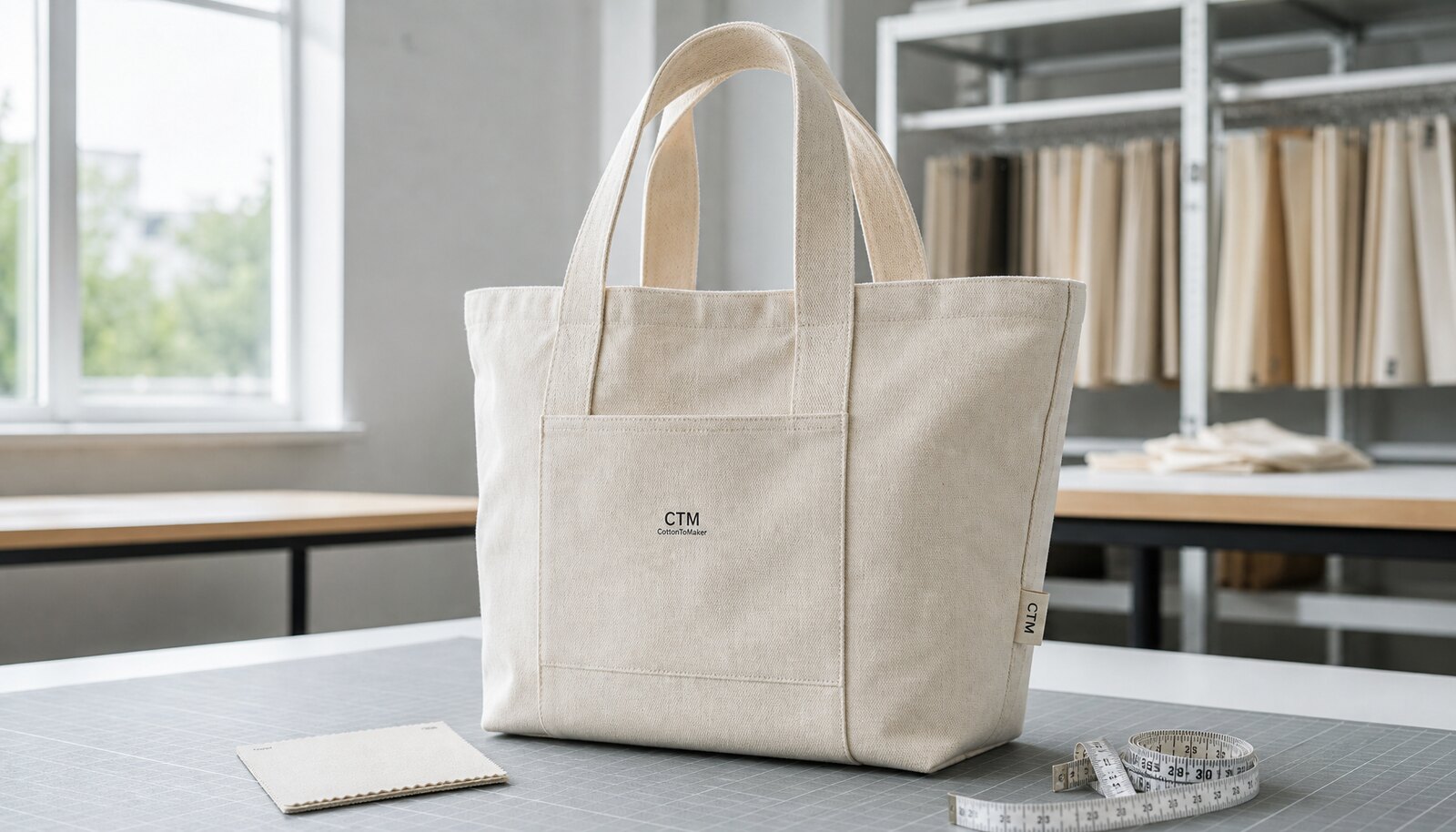 Natural canvas conference bag with a simple CTM/CottonToMaker logo printed on the front in a clean factory sample room