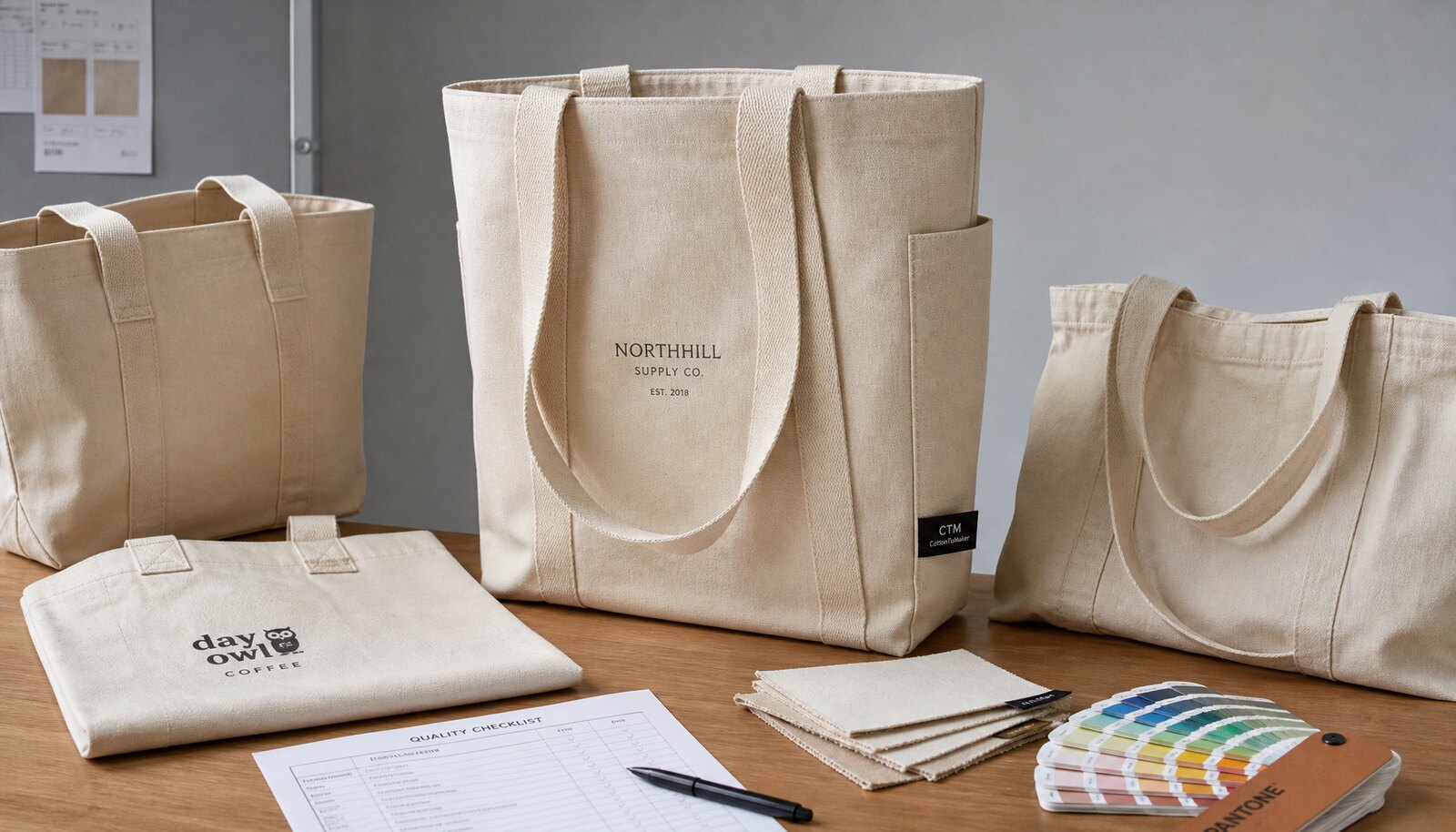 Photorealistic canvas conference bag factory sample room scene with a visible CTM CottonToMaker label and sample bags on a clean table.