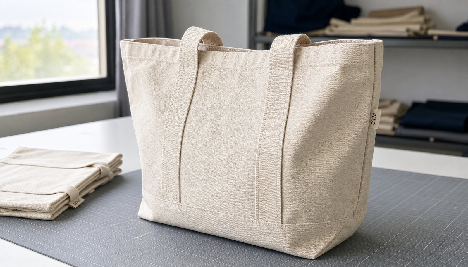 Natural canvas conference tote with a small CTM side label in a factory sample room