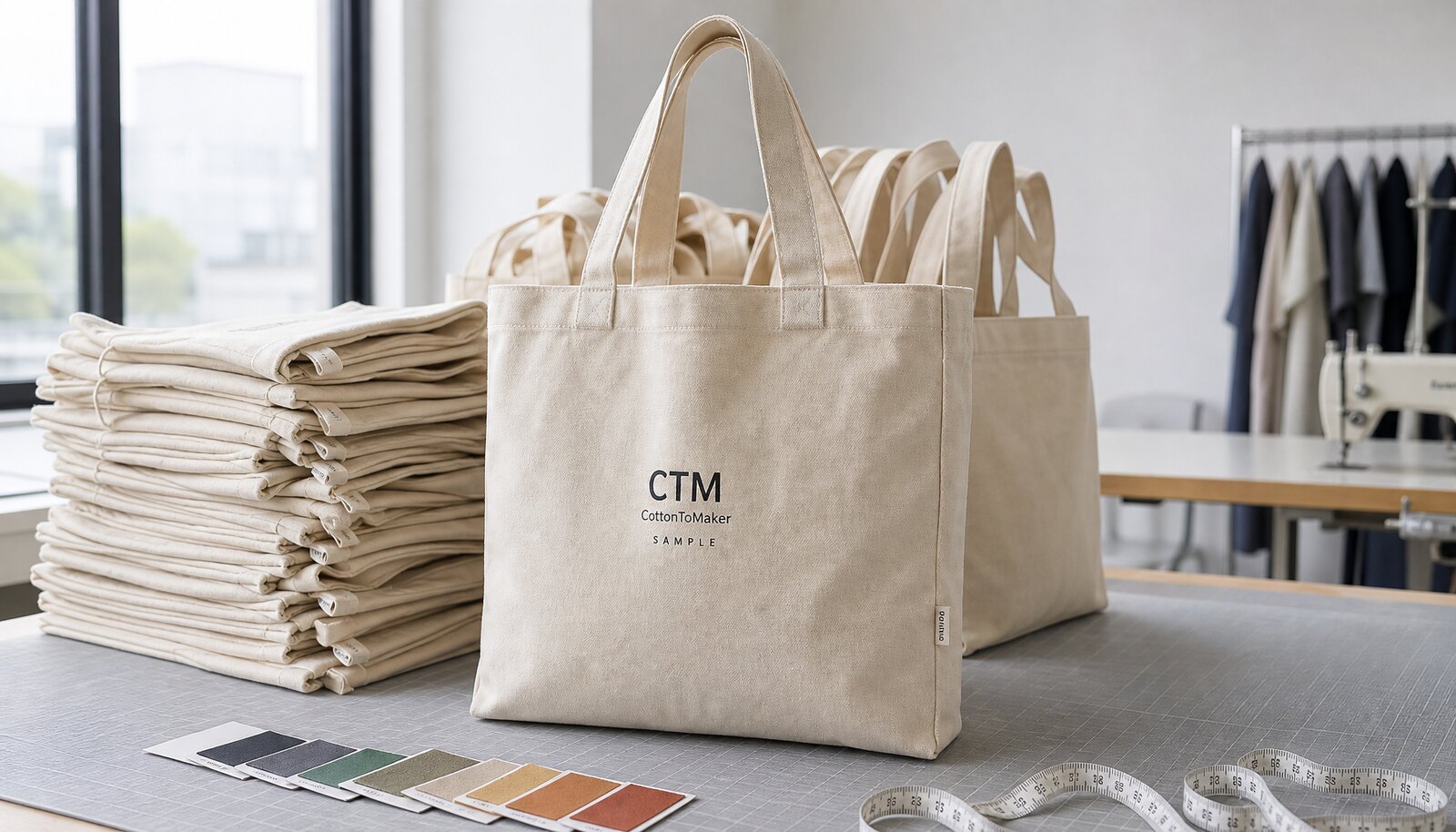 Natural canvas conference bag with a simple CTM CottonToMaker logo printed on the front in a factory sample room