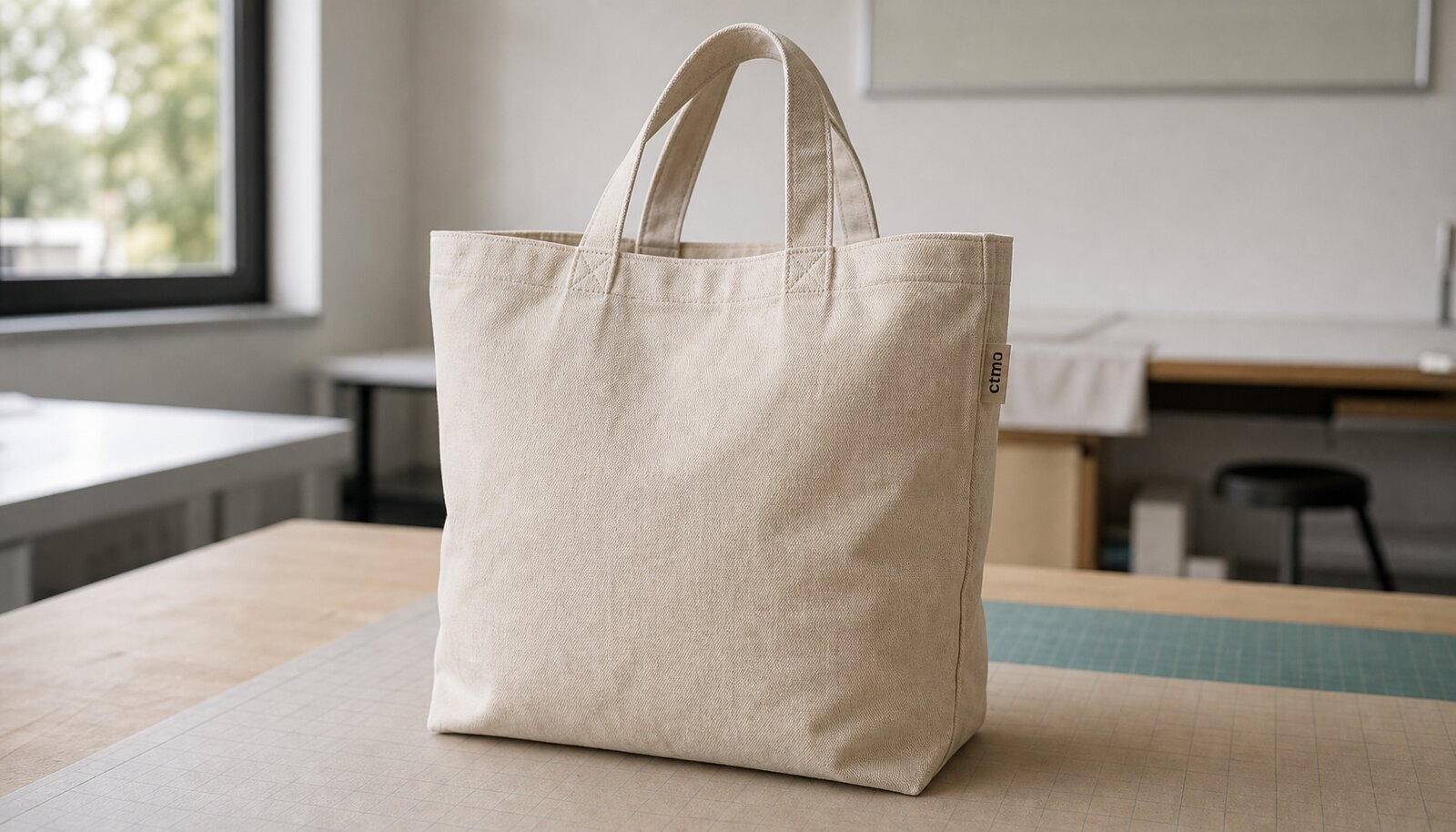 Natural canvas tote bag with a small CottonToMaker sample logo on a sewn side label in a factory sample room