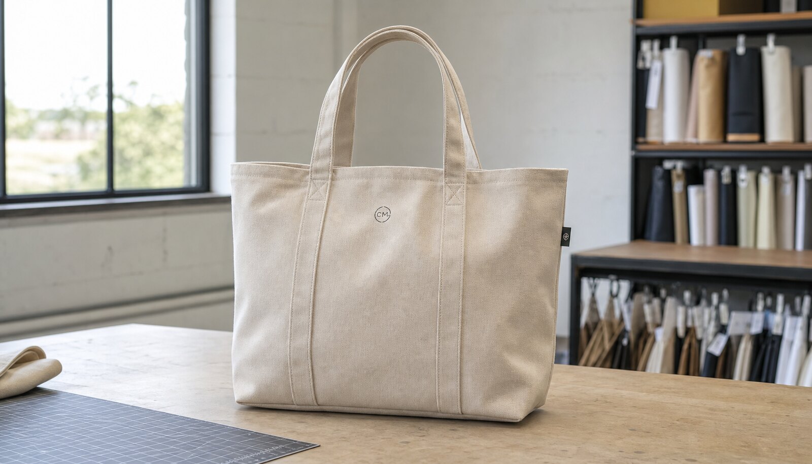 Natural canvas conference bag with a small CTM/CottonToMaker logo printed on the front in a factory sample room