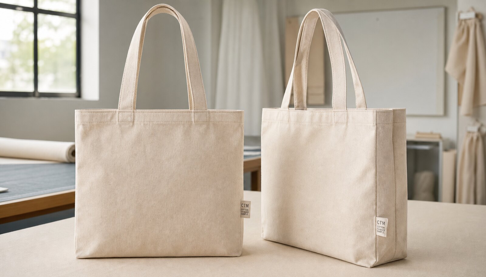 Natural canvas conference tote with CTM side label in a factory sample room