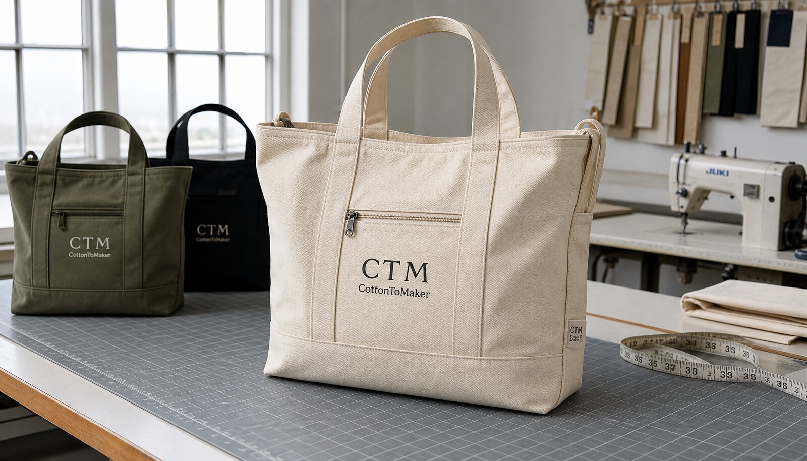 Photorealistic canvas conference bags in a factory sample room with a simple CTM CottonToMaker logo printed on the bag.
