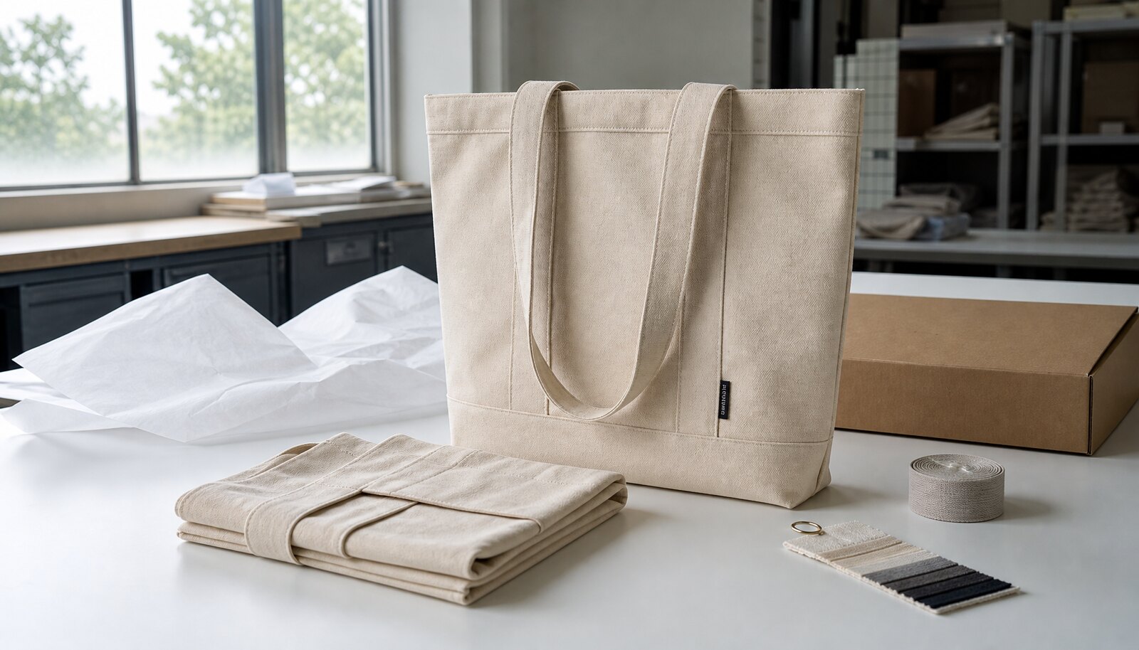 Natural canvas conference tote bag with stitched handles and a small CTM woven side label in a clean sample room