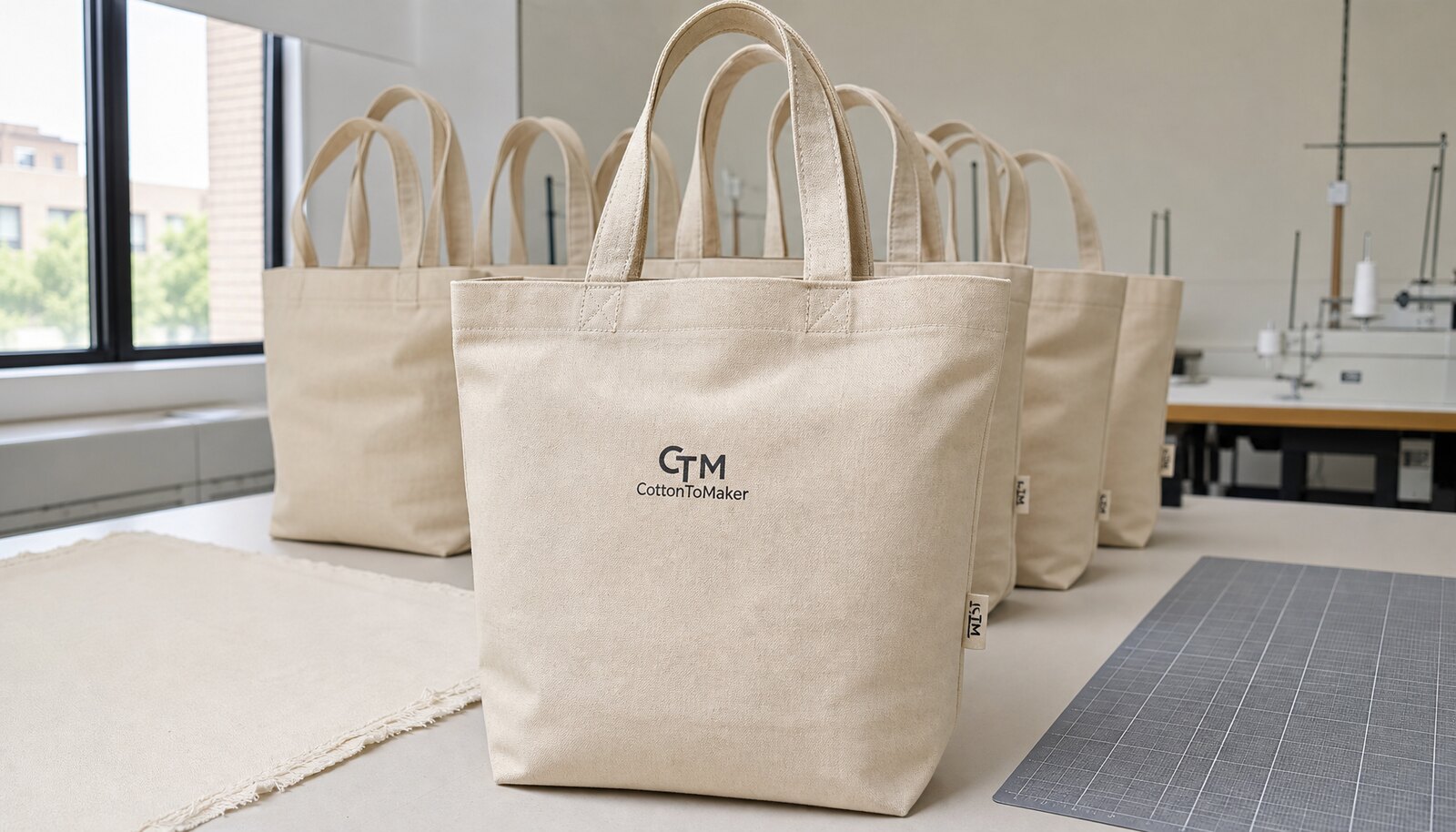 Natural canvas conference bag with a small CTM CottonToMaker logo print and woven side label in a factory sample room