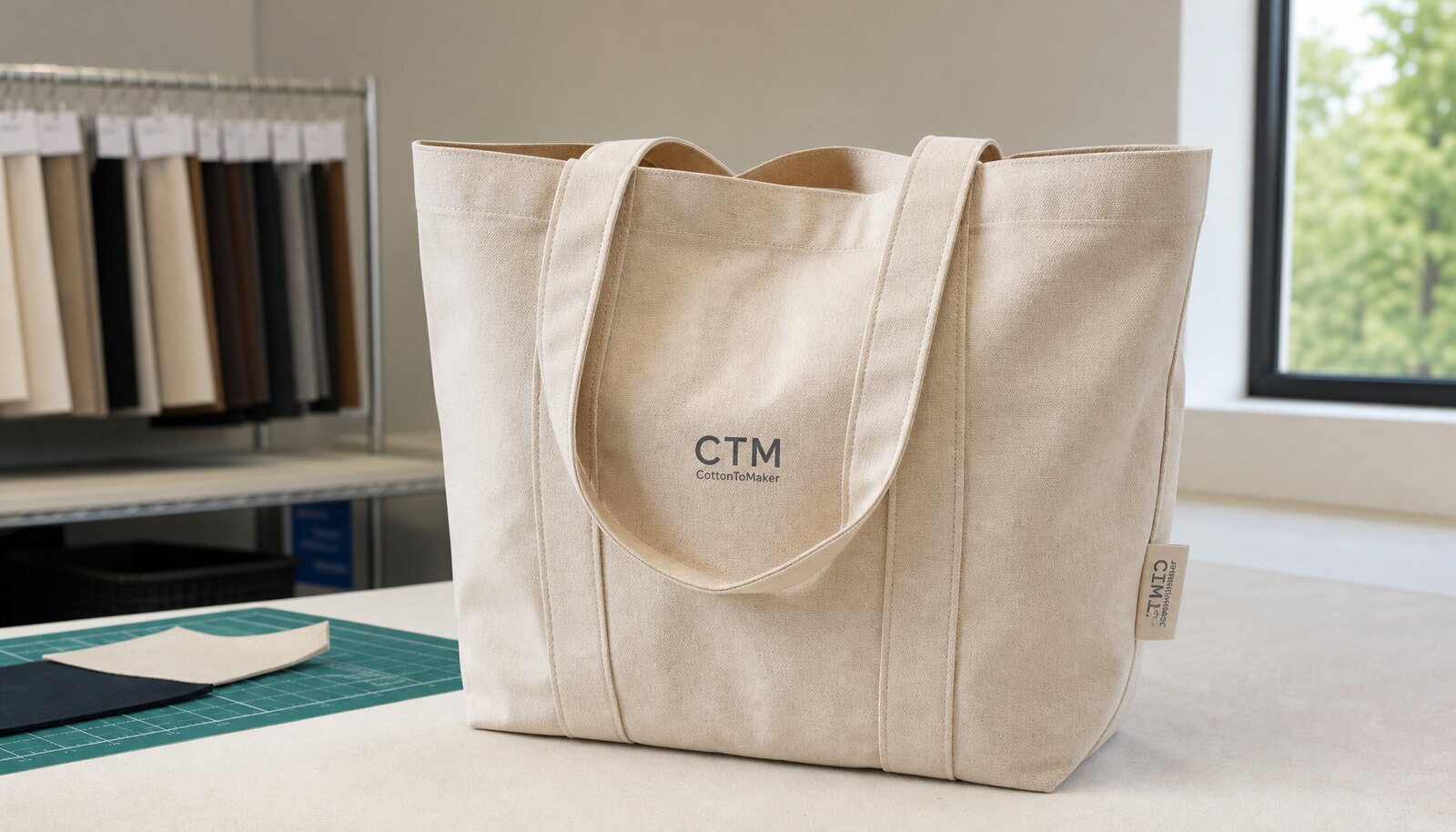 Natural canvas conference bag with a simple CTM sample logo in a factory sample room