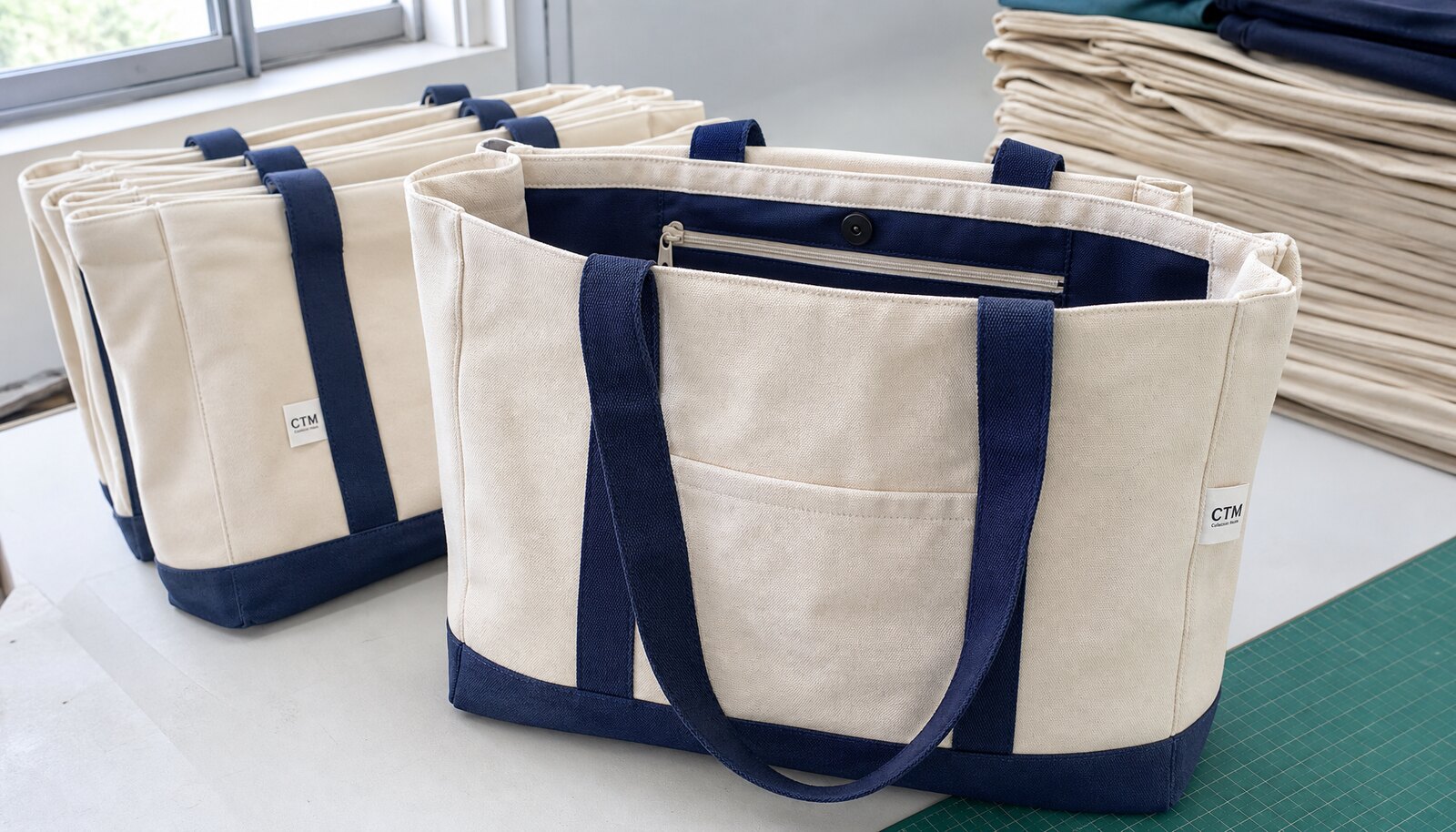 Canvas conference bags for hotels with a CTM sample logo, photographed in a factory sample room.