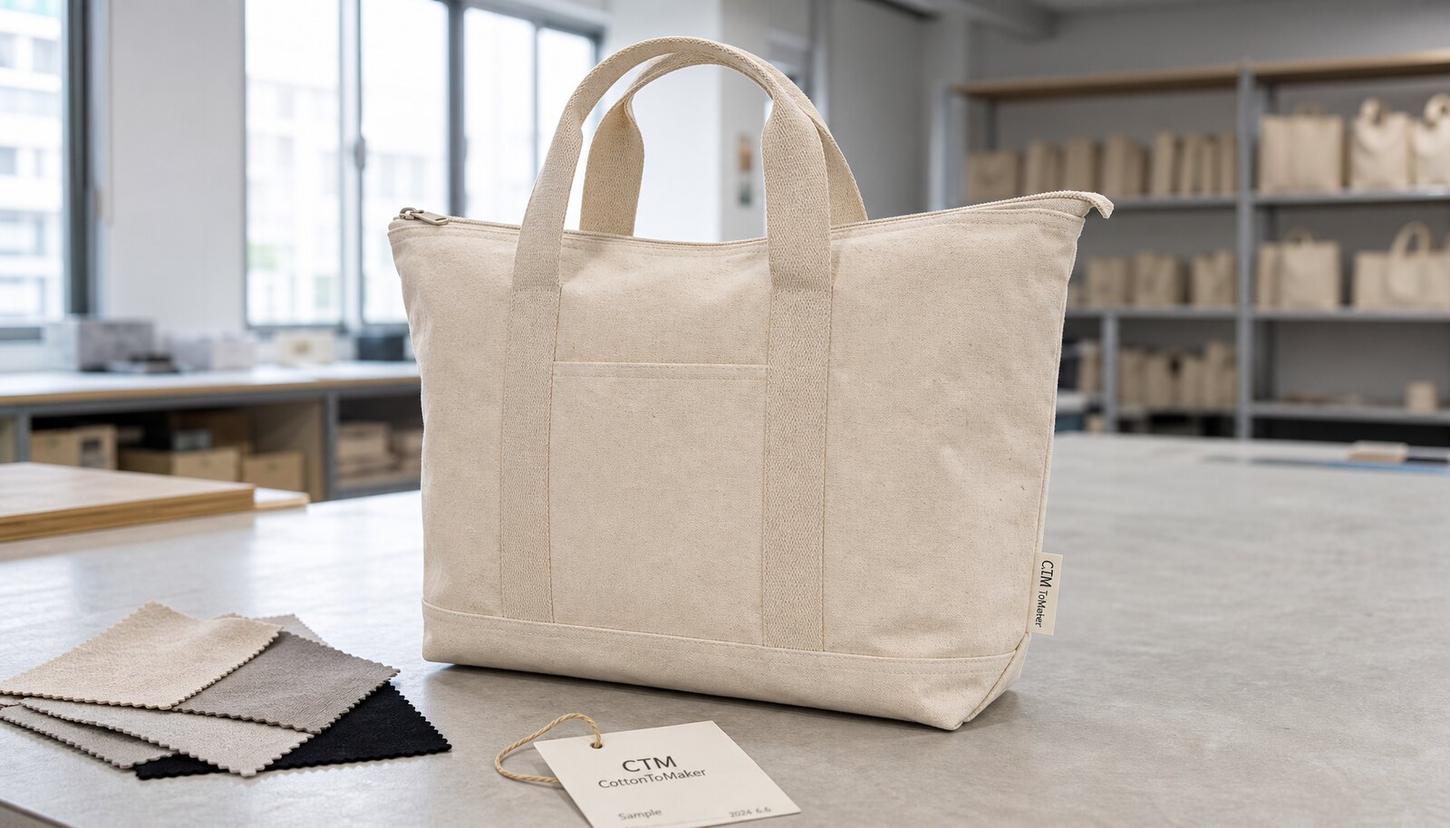Natural canvas conference tote bag with reinforced handles and a CTM CottonToMaker side label in a factory sample room.