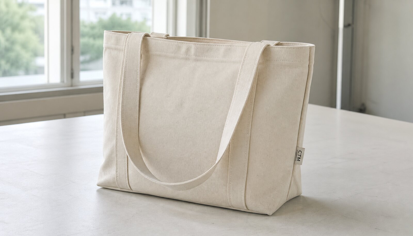 Canvas conference bag with a CTM/CottonToMaker sample logo in a clean factory sample room