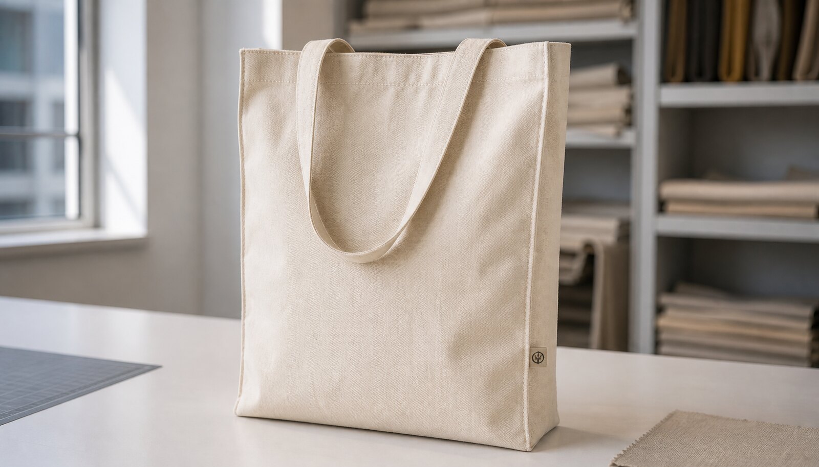 Photorealistic canvas conference bag with a simple CTM sample logo in a factory sample room
