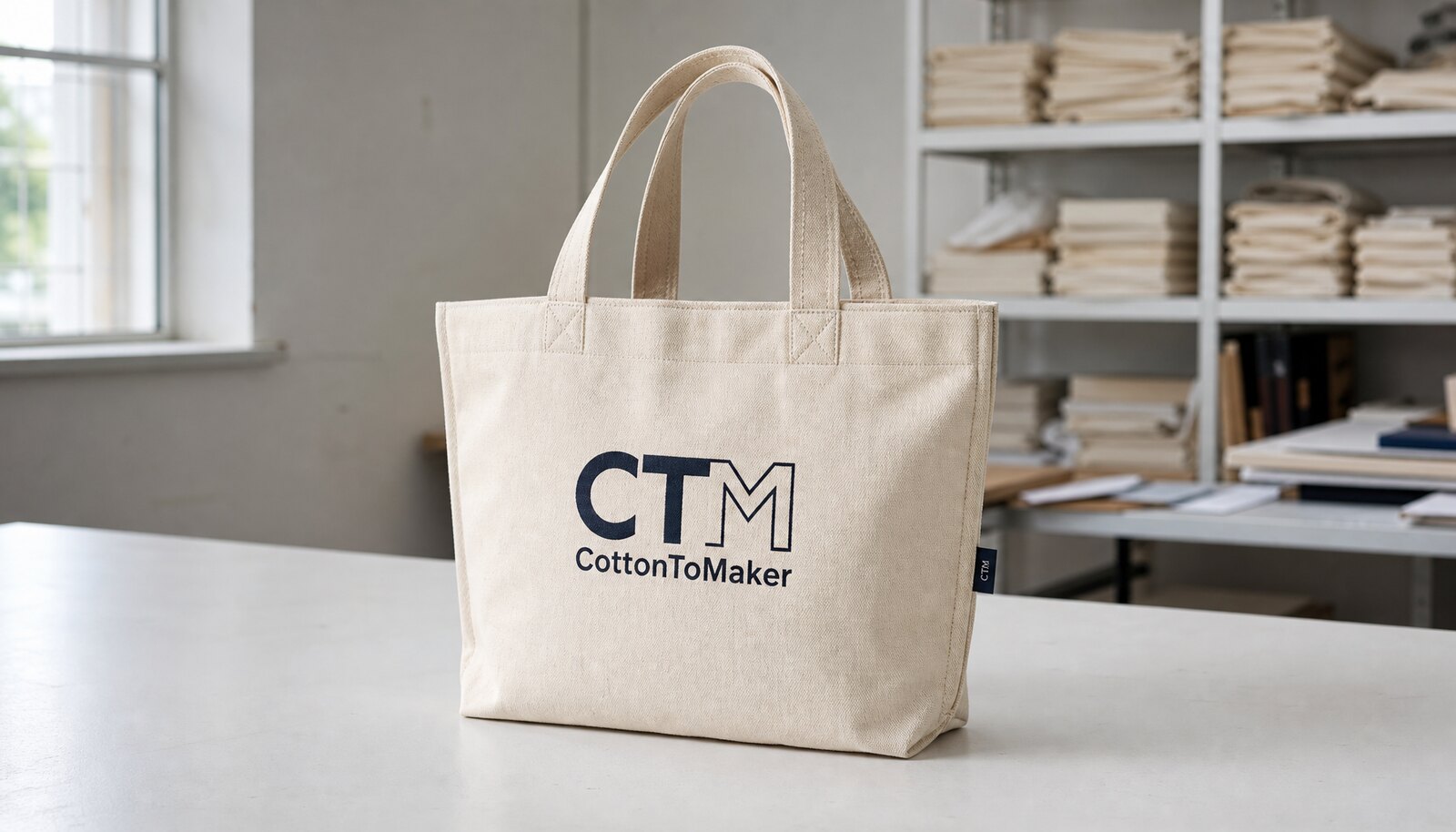 Natural canvas conference bag with a CTM sample logo in a factory sample room