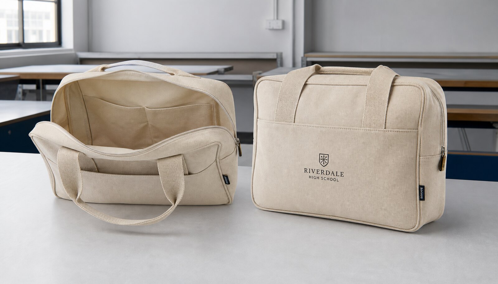 Photorealistic canvas conference bags for schools with a simple CTM CottonToMaker sample logo on the bag and side label