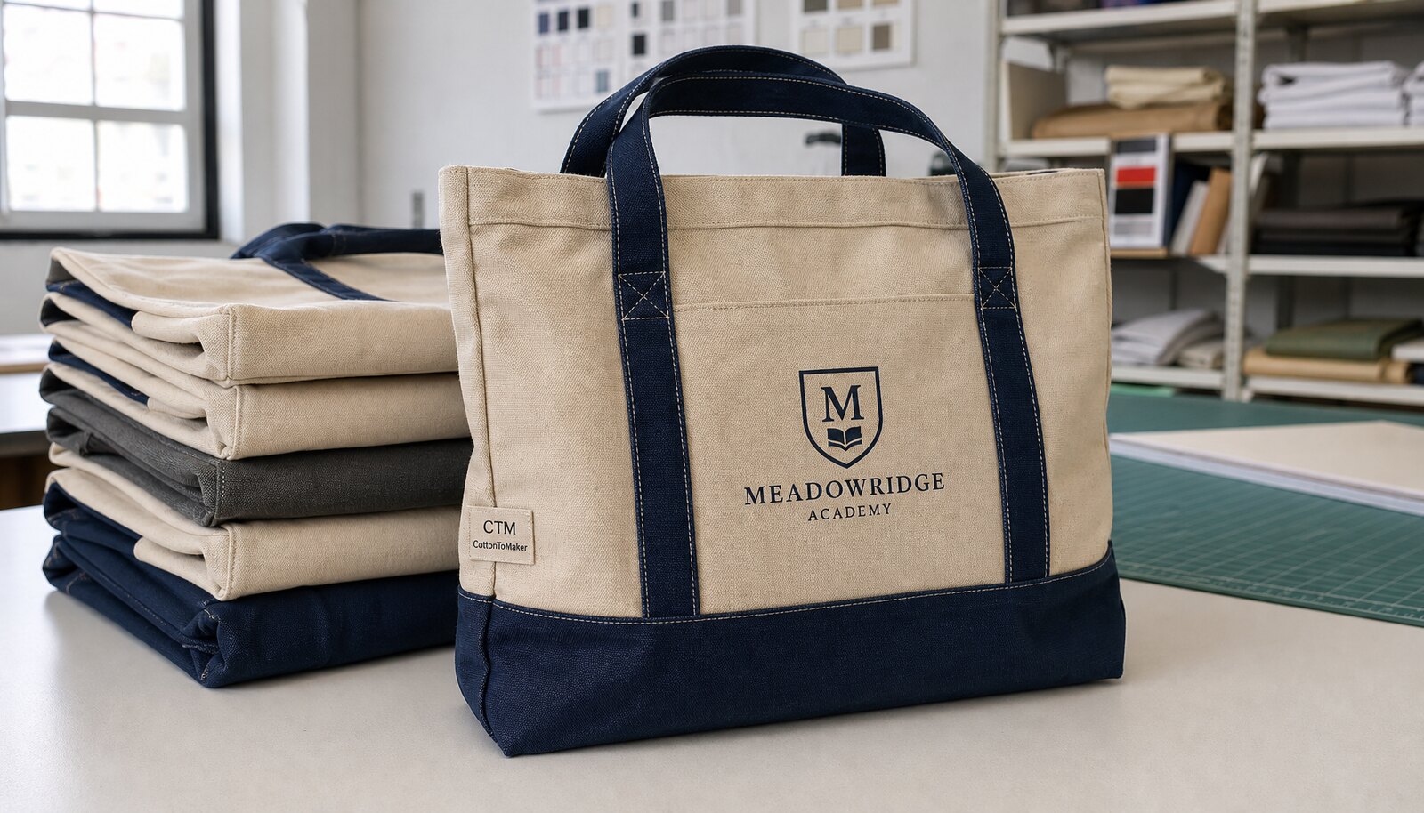 Canvas conference bag for schools in a factory sample room with a simple CTM CottonToMaker logo printed on the bag