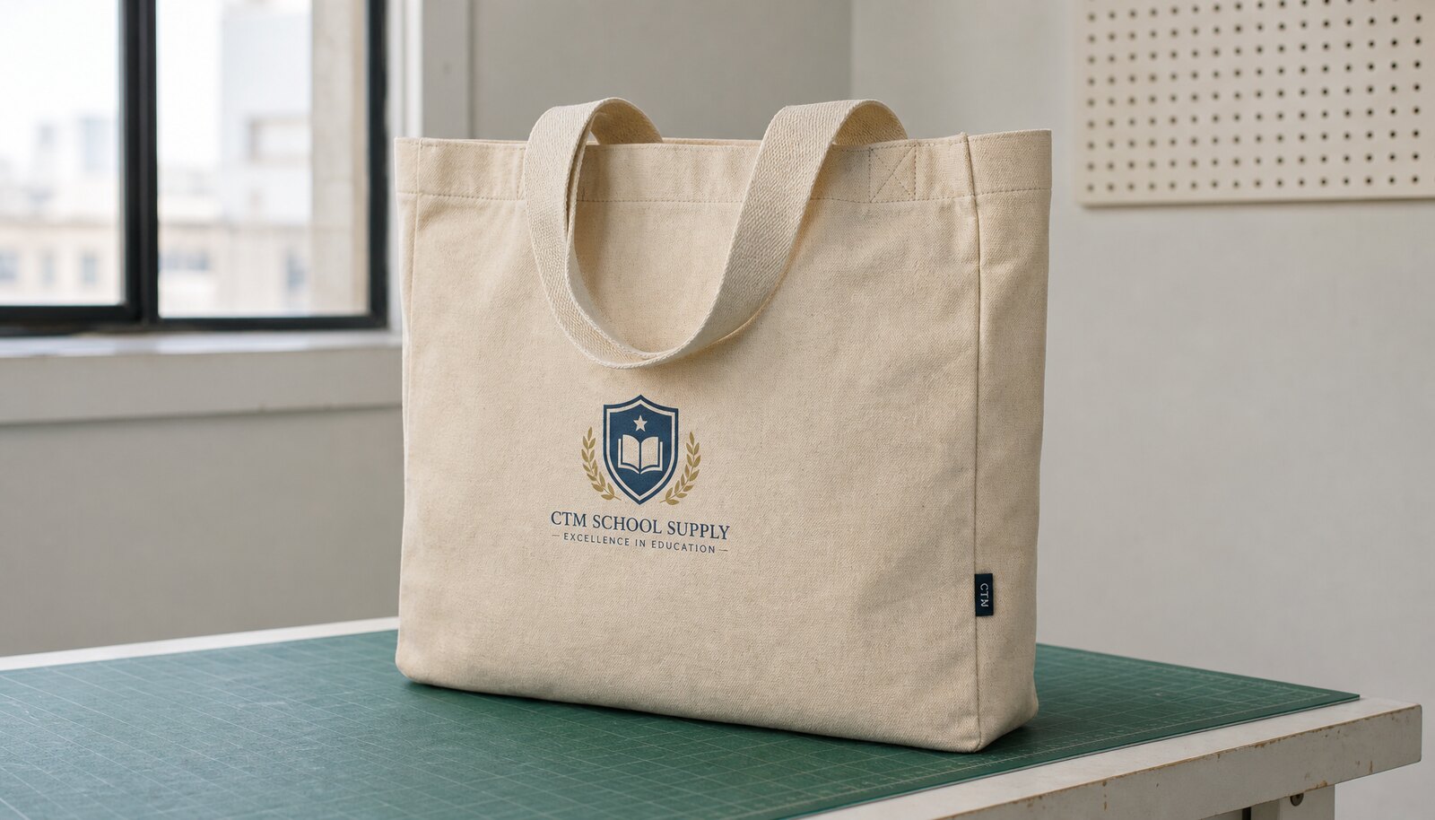 Photorealistic canvas conference bag with a CTM woven side label in a clean sample room.