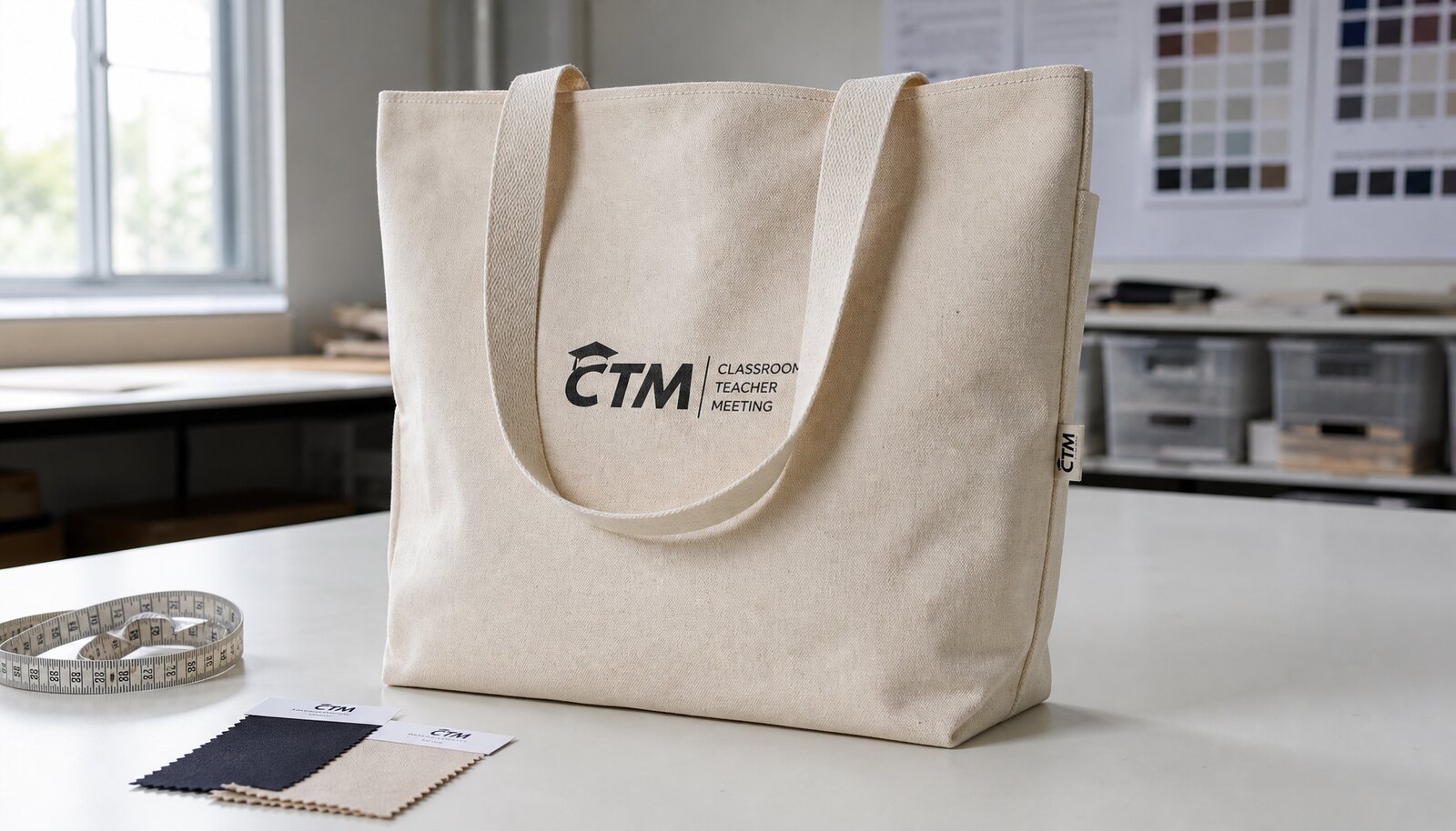 Natural canvas conference bag with a simple CTM logo printed on the front and a woven side label in a factory sample room